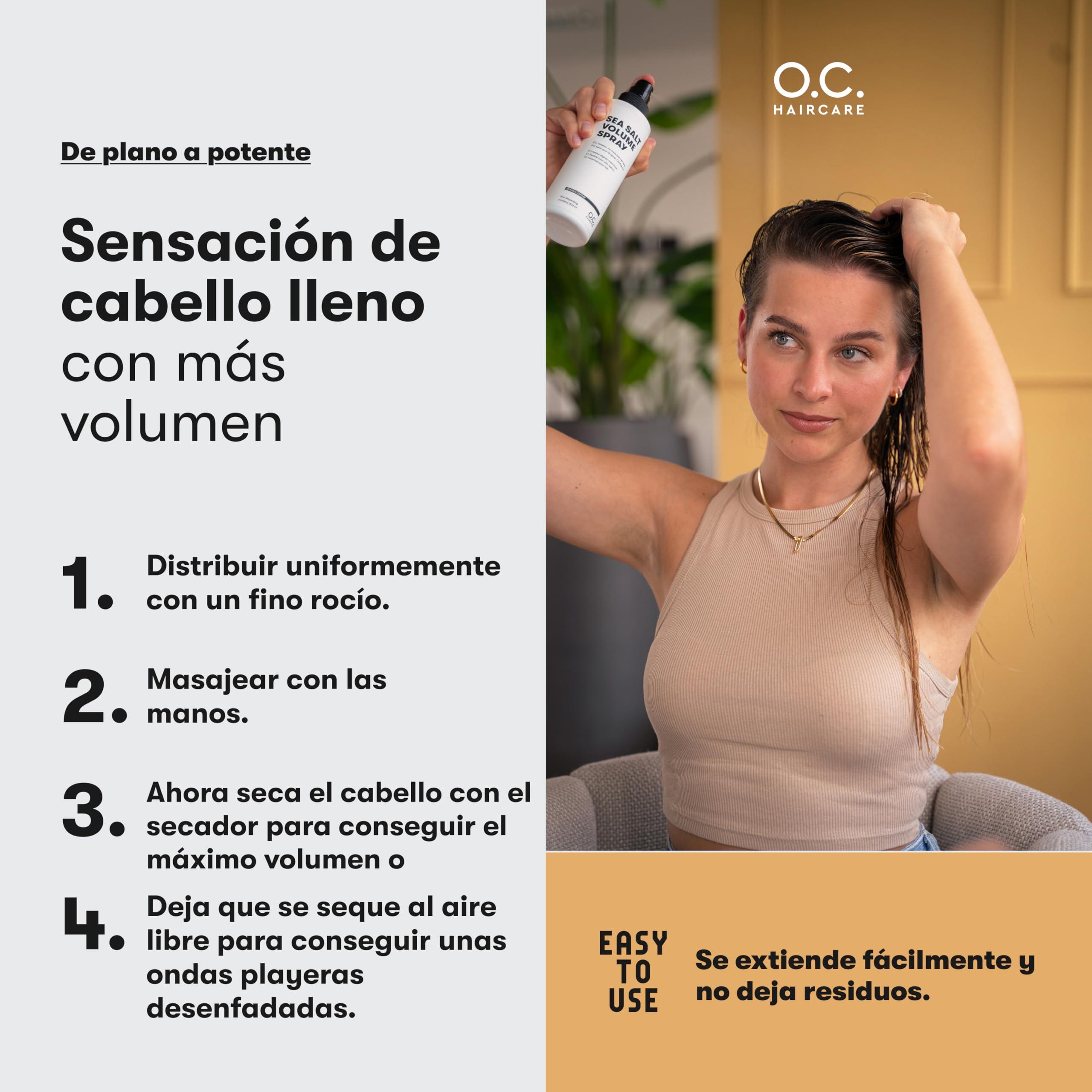 O.C. HAIRCARE Sea Salt Spray – 200 ml spray de sal marina para el cabello – prueba 30 días sin riesgos – potenciador de volumen para una sensación más completa del cabello con agarre fuerte – 100%