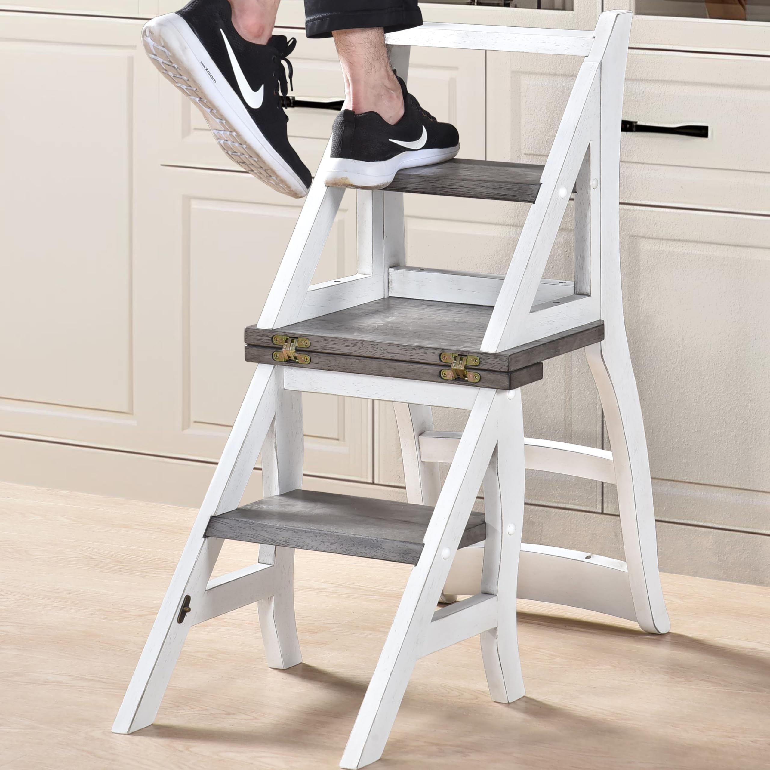 Solid Wood Foldable Ladder Chair Dual Purpose Step Stool and Display Stand Kitchen Step Ladder Antique White Foldable Stepladder for Home Library