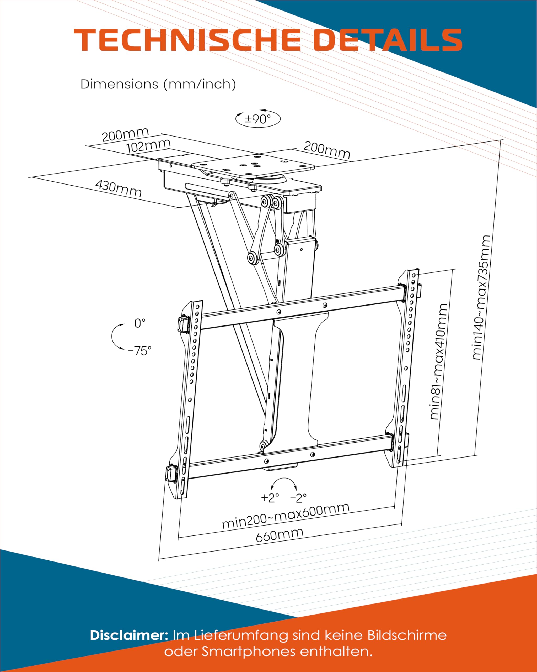 Xantron® DEHA-600E-Roto Soporte de techo para TV Eléctrico Abatible, Inclinable y Giratoria / 81-190 cm [Control por voz] Soporte de techo para televisor/monitor Soporte de techo/Soporte de TV incl