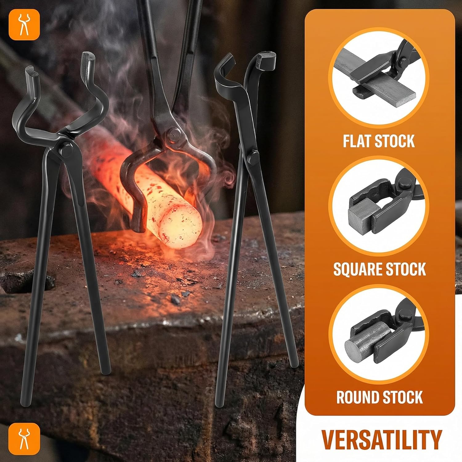 3 Pcs Blacksmith Tongs Set, Professional Heavy Duty Flat & Wolf Jaw & Bolt Tongs, Heat Treated Forging Tongs for Knife Making, Bladesmithing, Metalworking and Farrier Supplies (3-PCS)