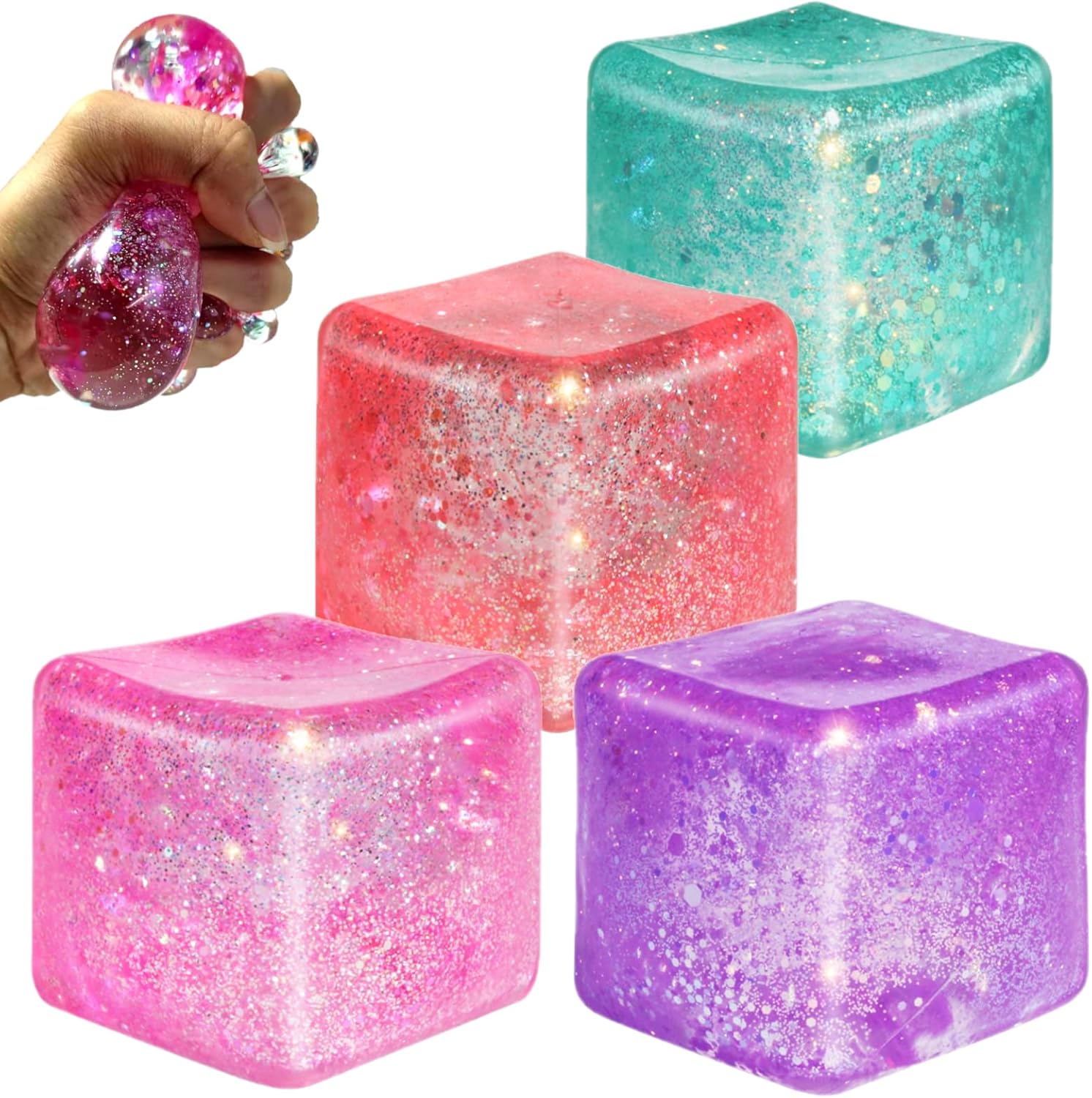 4Pack Glitter Squishy Cube - Fidget Toys for Kids, Slow Rise Stress Cubes for Adults, Ice Cube Squishy Malt Sugar Stress Balls for Anxiety Relief(Blue/Coral/Pink/Purple)