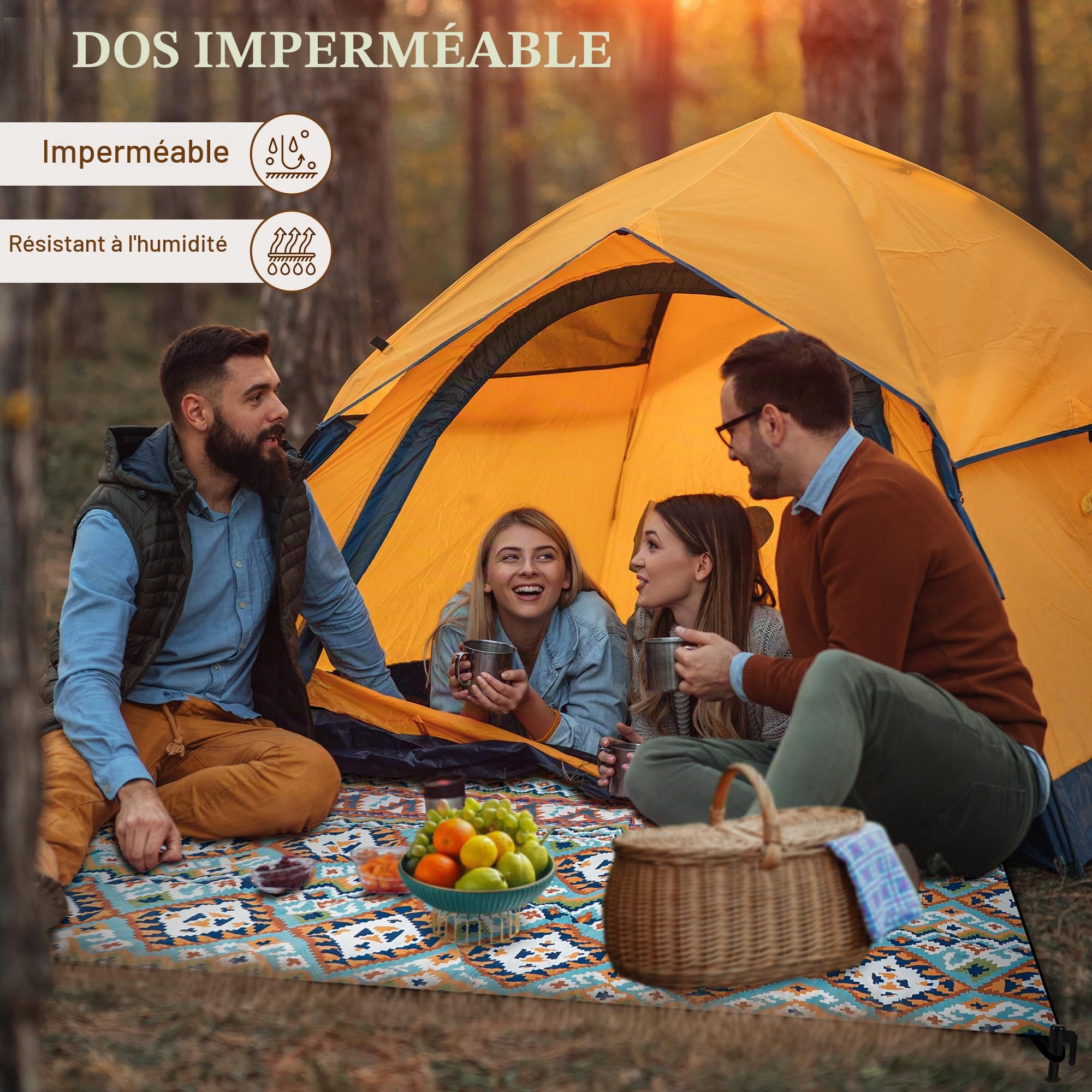 Gucass Couverture de Pique-Nique Boho, 200 x 200 cm Tapis de Pique-Nique Imperméable Lavable, Tapis de Picnic sans Sable, Pliable Portable Couverture de Plage pour Camping, BBQ, Jardin, Voyage