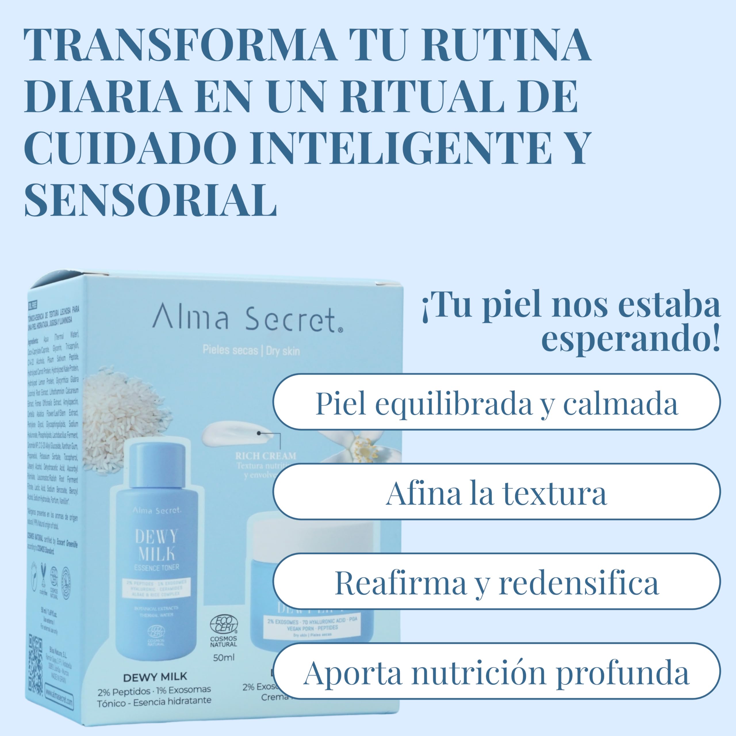 Alma Secret Mini Dewy Milk und Dewy Lift Rich Cream | Feuchtigkeitsspendende und straffende Gesichtscreme mit feuchtigkeitsspendender Creme und tonisierender Essenz | Geeignet für trockene Haut |