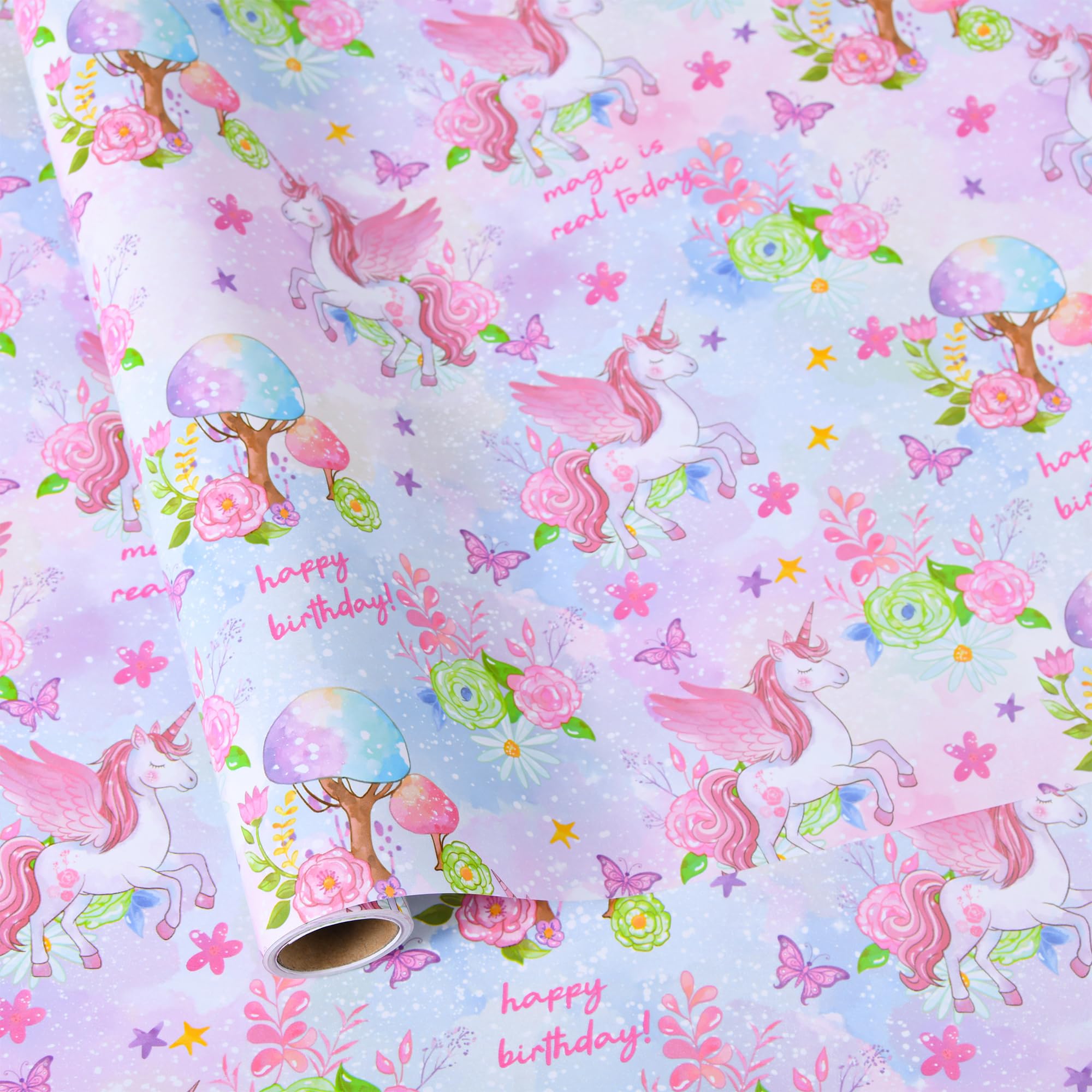 Sikiweiter Unicorn Birthday Wrapping Paper Roll - Magical Design with Unicorns, Flowers, and Butterflies - 17 inch x 16.5 feet (Magic Unicorn)