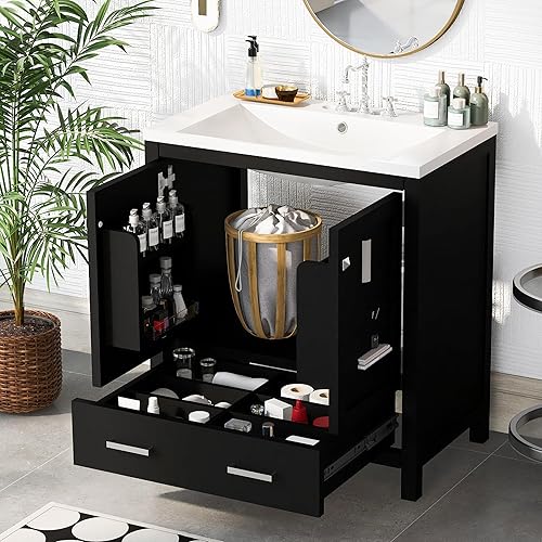 30" Bathroom Vanity with Sink Combo, Solid Wood Bathroom Cabinet with Organizers on Soft Closing Doors and a Drawer, Multifunctional Bathroom Vanity with Undermount Sink, Black