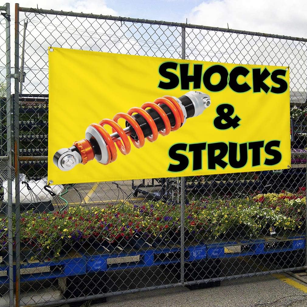 Vinyl Banner Sign Shocks & Struts #1 Style L Automotive Marketing Advertising Yellow - 24inx60in, 4 Grommets, One Banner