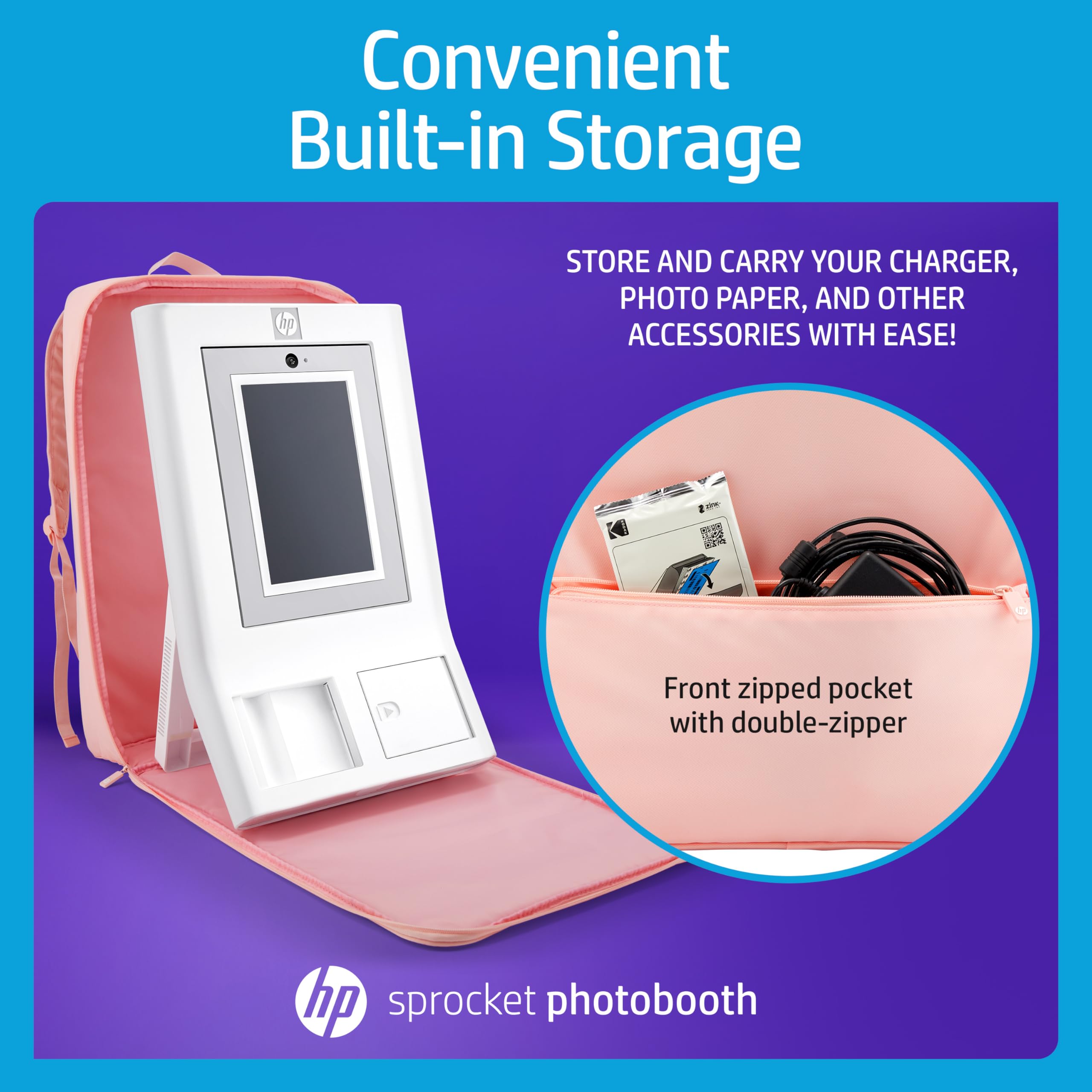 HP Reiserucksack für Sprocket Photobooth – Gepolsterte Tasche mit verstellbaren Schultergurten und Front-Reißverschlusstasche (Rosa)