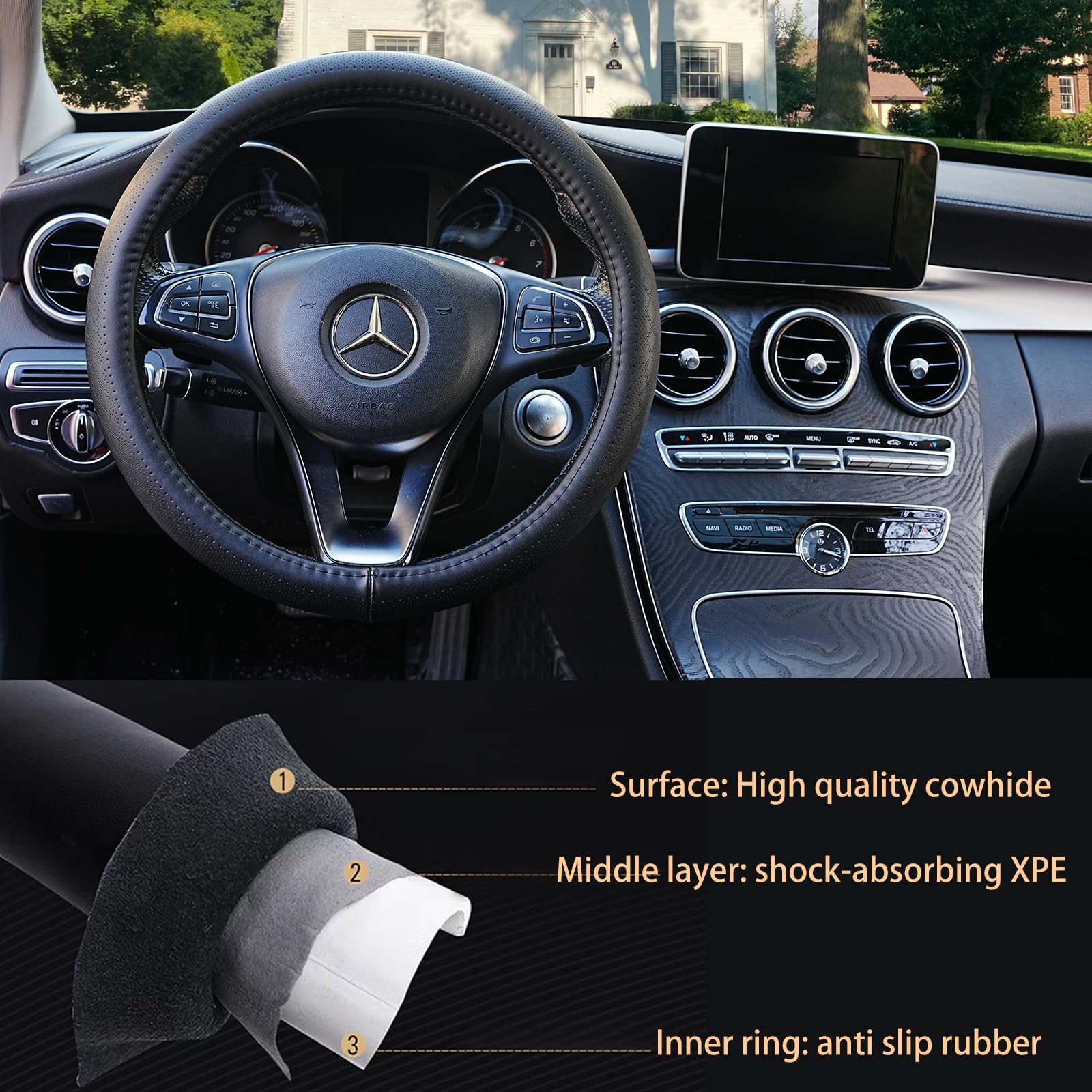 Funda para volante de coche de piel auténtica negra para hombres y mujeres, funda de cuero vacuno, suave, transpirable, antideslizante, funda de volante de lujo, tamaño estándar universal de
