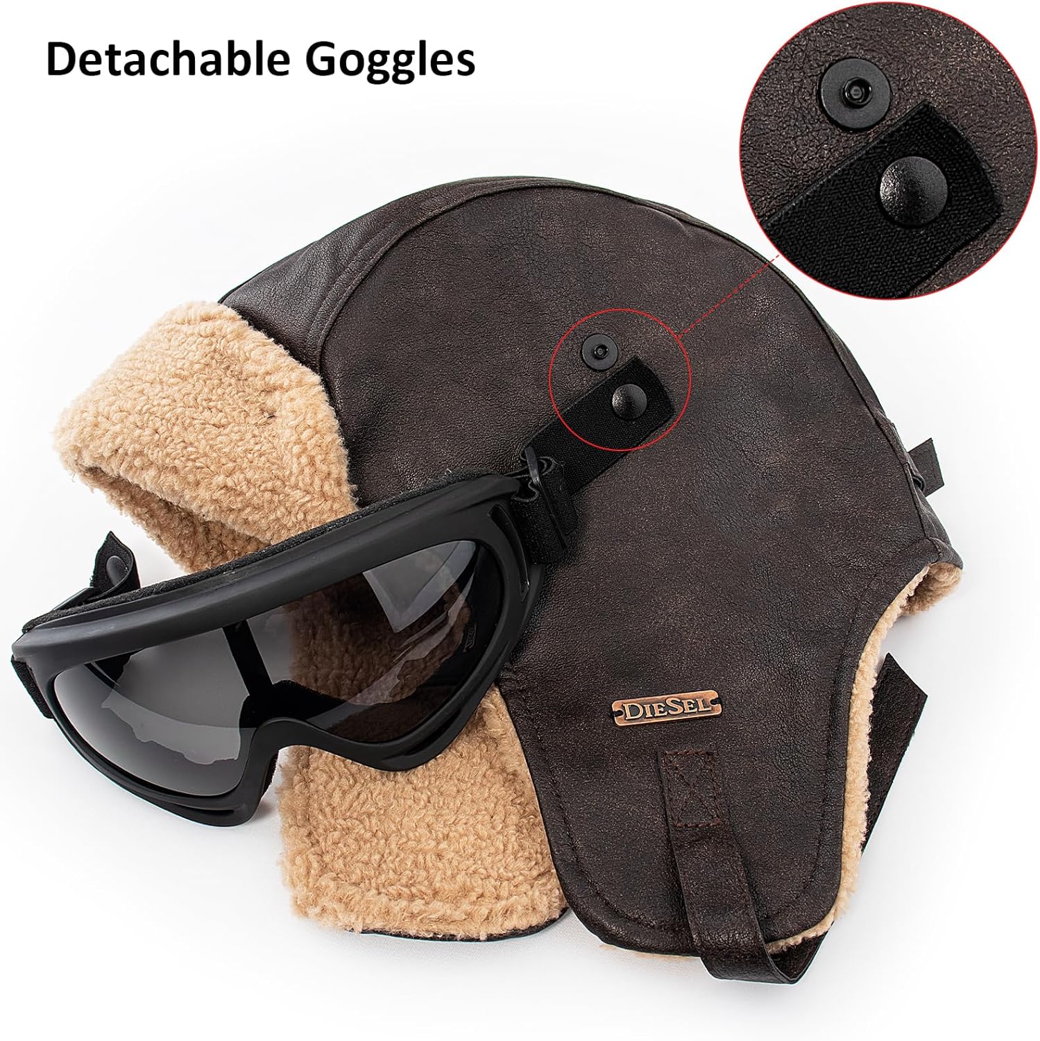 Peicees Vintage Aviator Hat and Goggles Waterproof Leather Trapper Hat with Ear Flaps Pilot Costume for Adult Ski Goggles - Image 3