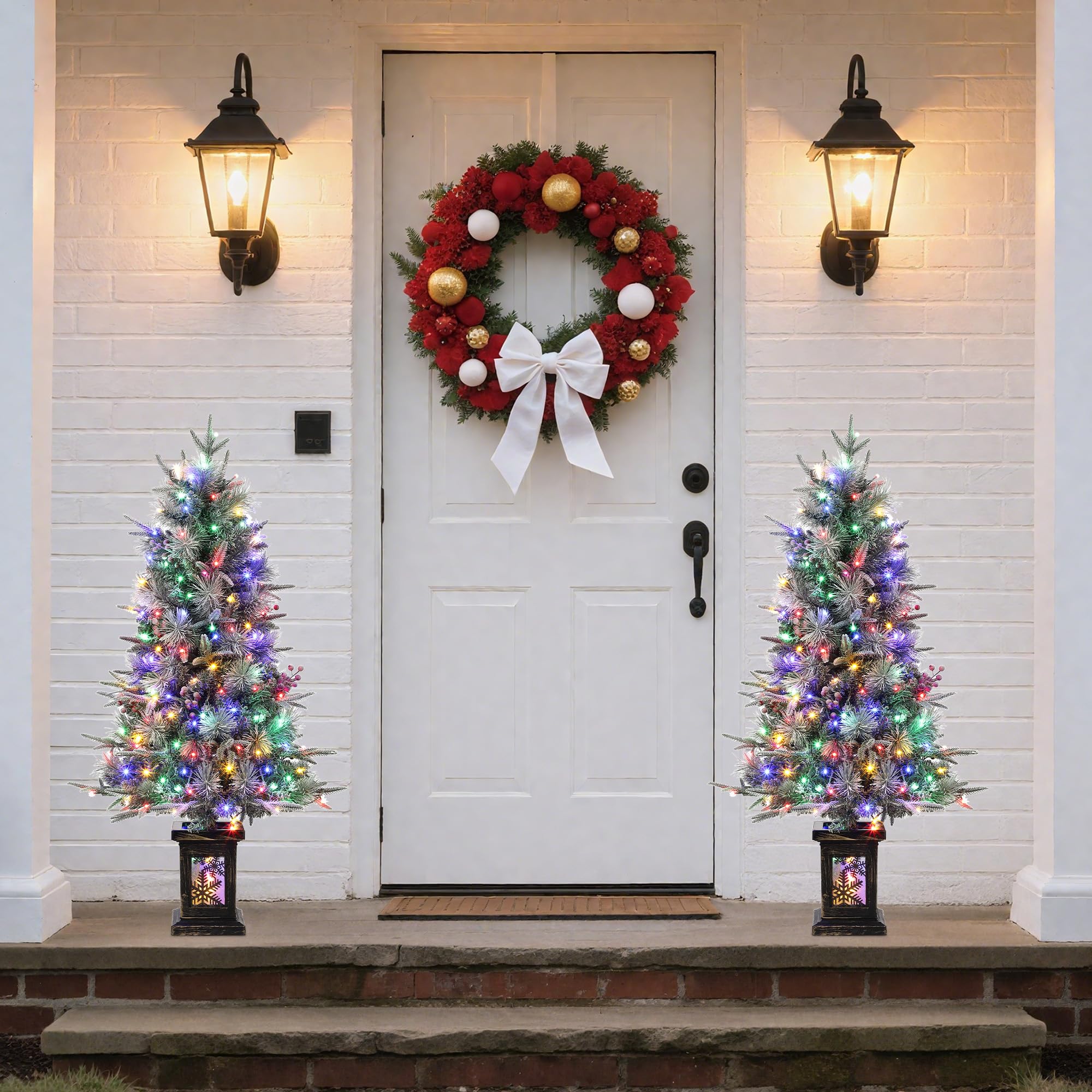 GarveeTech Schneebeflockter künstlicher Weihnachtsbaum 125 cm mit LED - 150 LEDs warmweiß/Mehrfarbig, 9 Modi, PVC-Zweige - EU-Stecker, Schneeflocken-Lichtbasis - 4ftH Frost Tree, Dual Color 8 Modes,