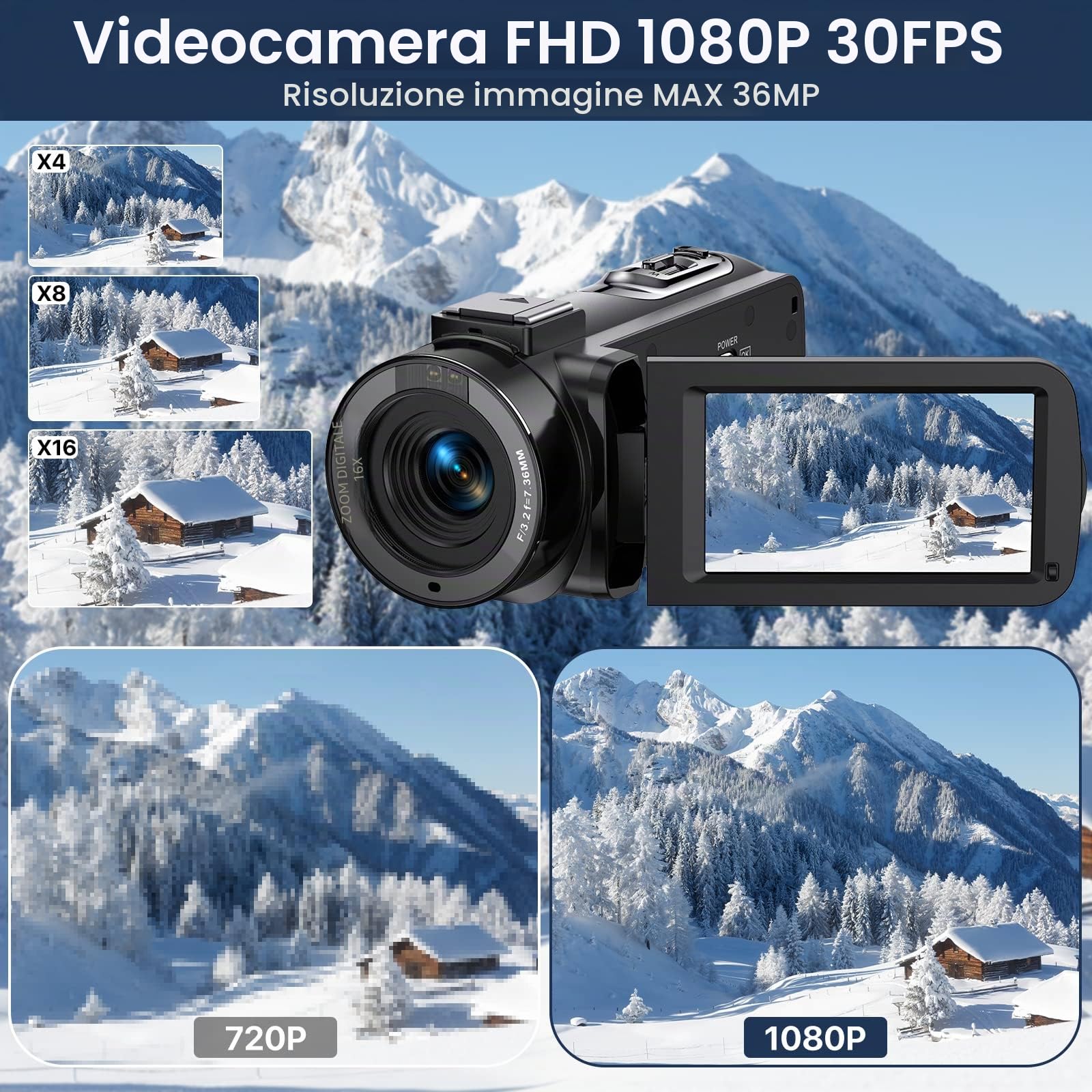 VAHOIALD Videocamere Digitali UHD 1080P 36MP 30FPS Video Camera,IR Visione Notturna Vlogging Camera,16X Zoom Digitale 3.0" IPS Ruotabile 270 ° Videocamera youtube con Telecomando,2 batterie