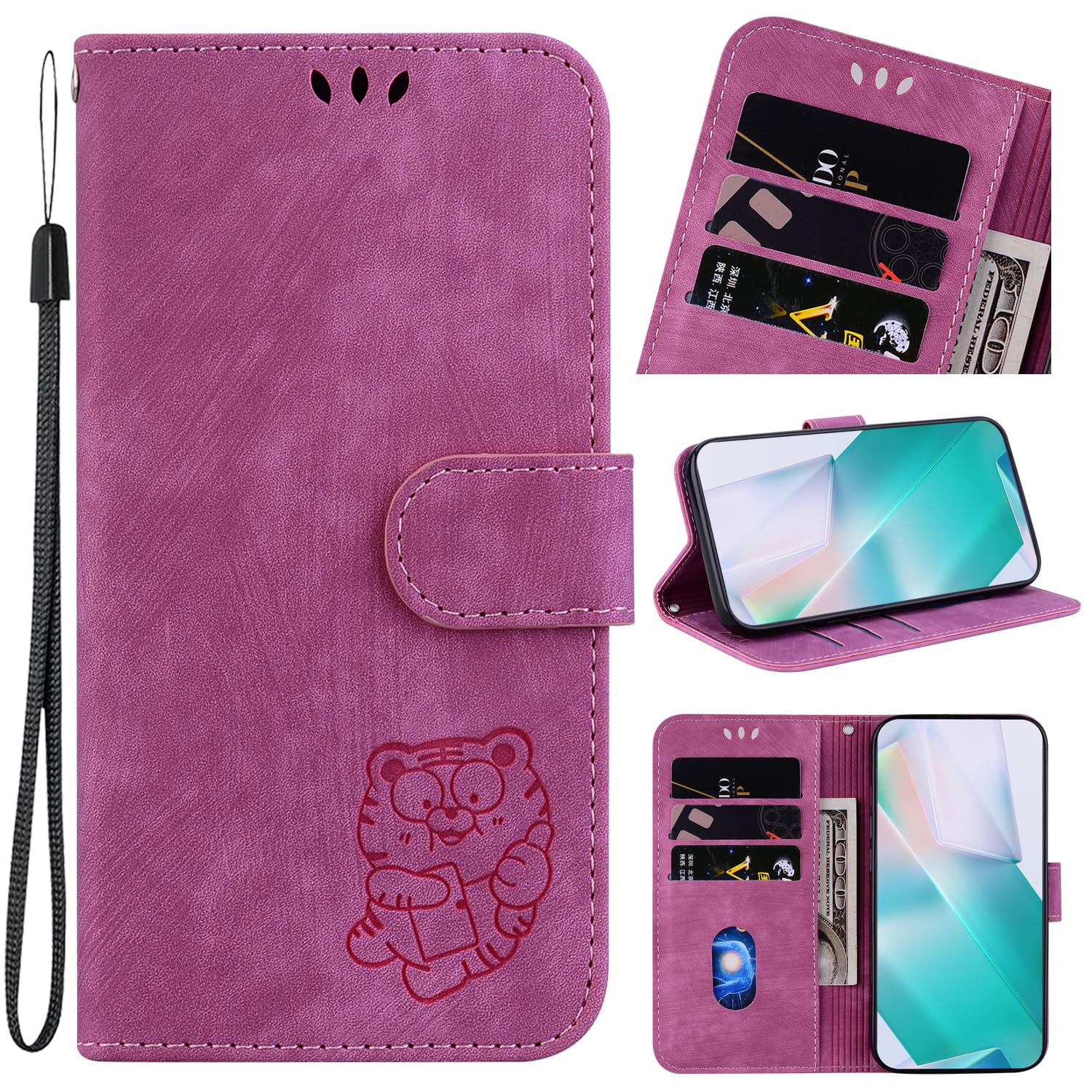 Flip Leather Wallet Case for Nokia G300 with Card Slots, Embossed Design, Magnetic Closure, Wrist Strap, Shockproof Protection Rose.
