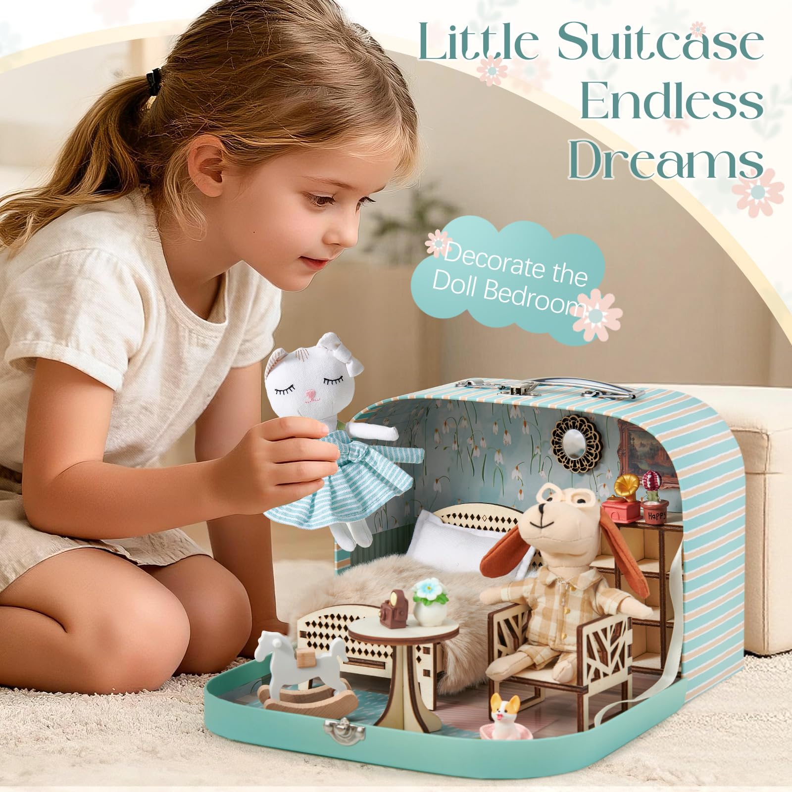 Casa de Muñecas Maletín Portátil con Accesorios, Mini Casa DIY con Gato y Perro de Peluche, Muebles de Madera, Juego de rol, Regalo de Cumpleaños/Navidad para Niños y Niñas Desde 3 Años