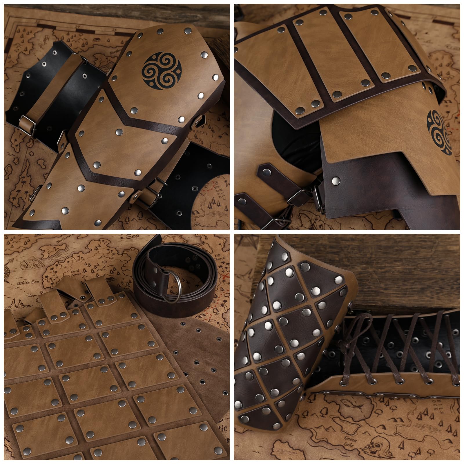 HiiFeuer Armure Médiévale pour Enfants 6 Pièces en Cuir Faux - Ensemble Épaule, Brassards, Jambières et Ceinture de Style Vintage