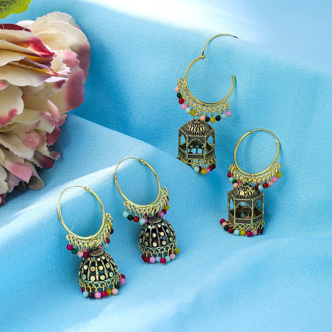 Oxidised Plated 2 Pairs Combo Hoops Jhumki Earrings