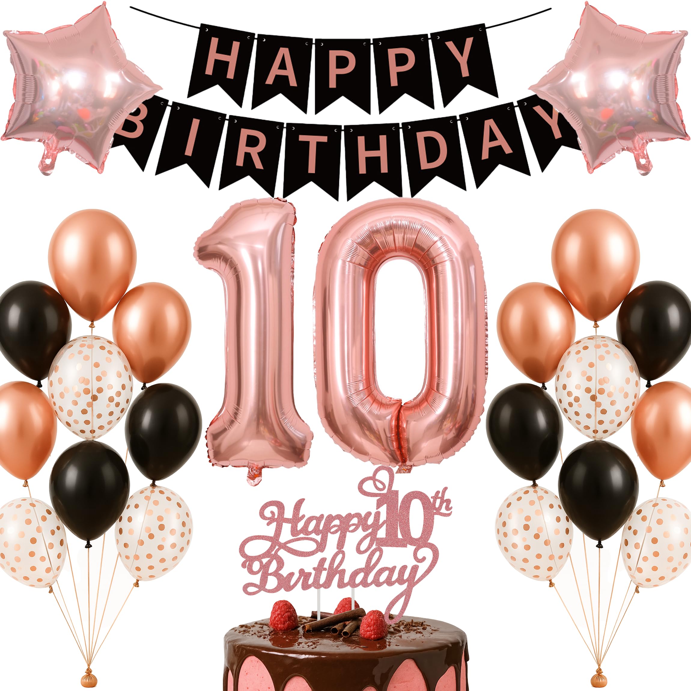 10th Birthday Decorations Set Rose Gold Black Theme Happy Birthday Banner Balloon Decor Photo Backdrop for Boys Girls Kids Turning 10 Age 10 Double Digits Party Supplies Celebration Decor Event Bundle