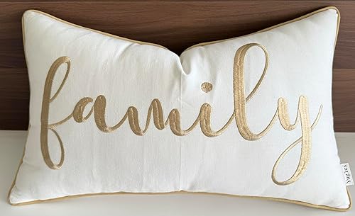 YugTex Funda de almohada decorativa con acento lumbar, bordada, familiar, 12 x 20 pulgadas, color marfil y beige