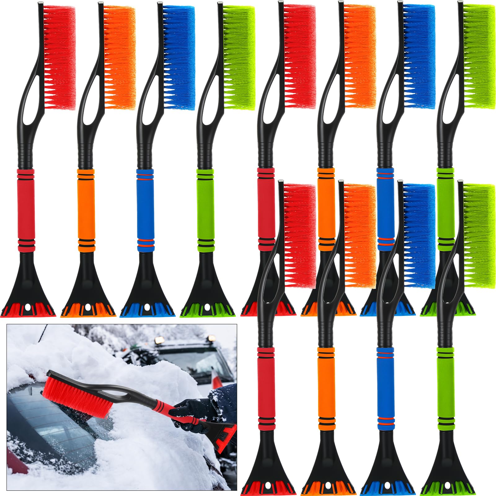 Uiifan 12 Pcs 24" Snow Brush and Ice Scrapers for Car Windshield Windows Detachable No Scratch Scraper for Ice and Snow Removal Winter with Foam Grip Trucks SUVs (Red,Orange,Blue,Green)