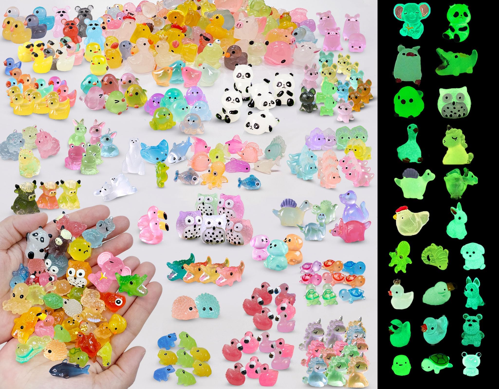 Luminous Tiny Resin Animals 300 Pcs Mini Animals Bulk Mini Resin Ducks Owls Tiny Frogs Pandas Small Rabbits Glow in The Dark for Miniature Garden Accessories Micro Landscape Aquarium Potted Decoration