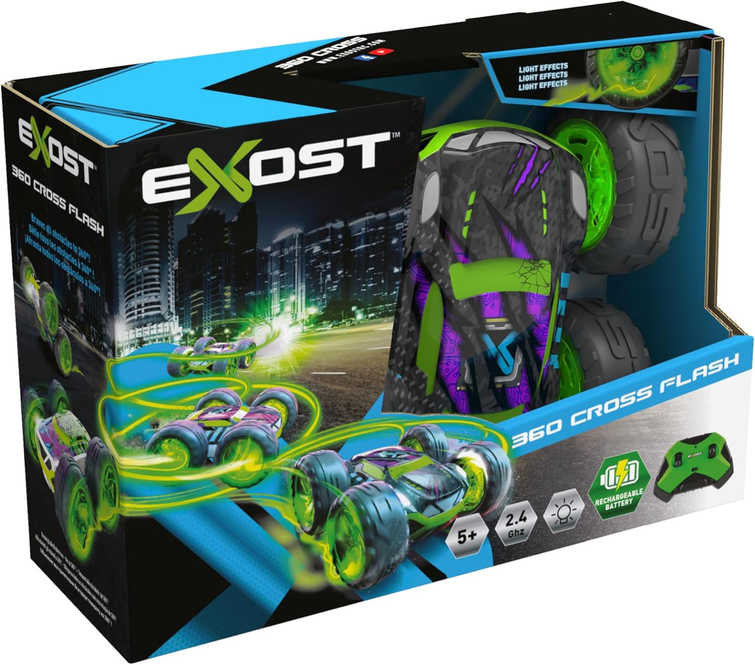 Back of the EXOST 360 Cross Flash packaging showing the car and remote control.