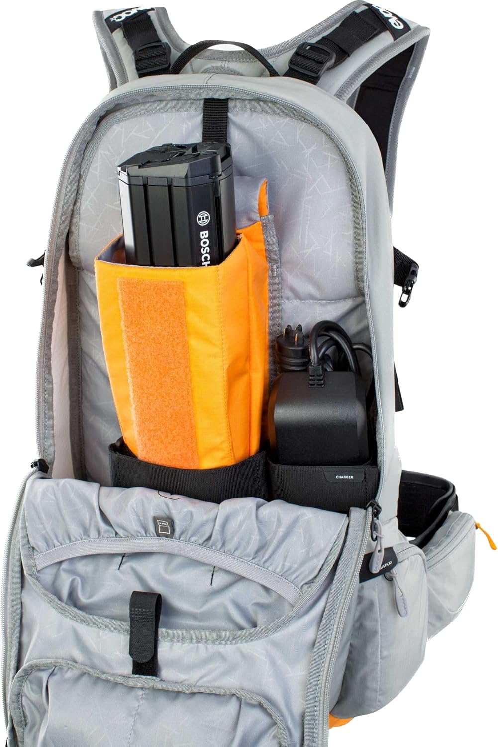 EVOC FR ENDURO E-Ride 16 E-Bike Backpack, Bike Rucksack (Padded Compartment for Spare Battery, Belt Fixing System, Control Display Pocket, Liteshield Back Protector), Stone Grey/Light Orange