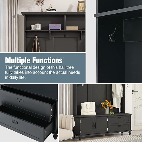 Miniatura 2 de P PURLOVE Árbol de madera con 3 ganchos, banco de entrada 3 en 1 con perchero, árbol de pasillo con banco de almacenamiento para entrada, pasillo,
