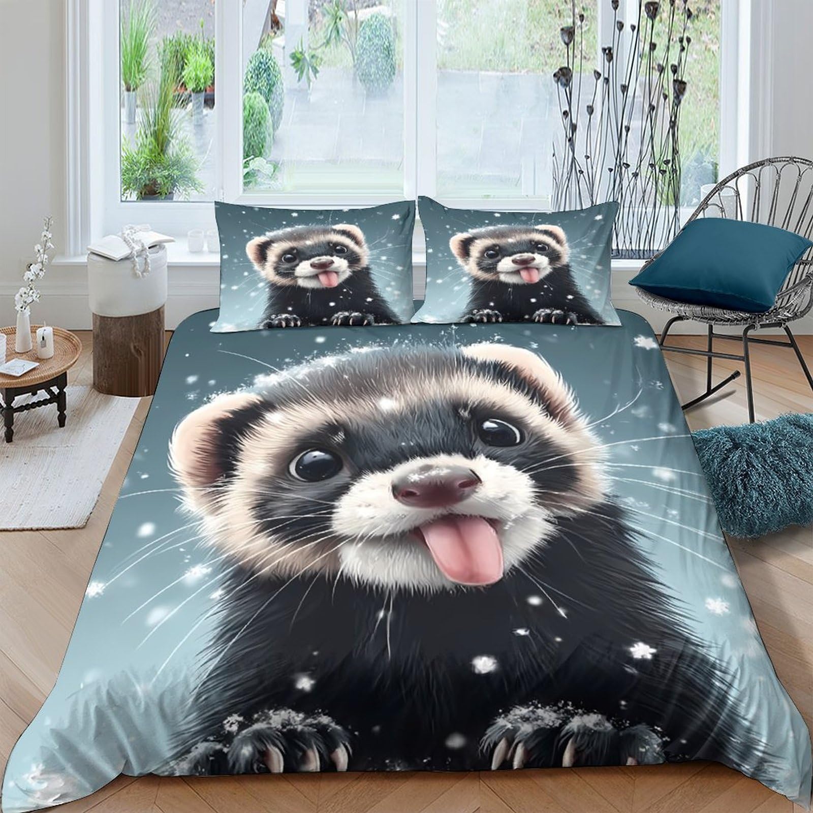 GPLZQXKJNH 3D Printed Cute Ferret Animal Duvet Cover Microfiber Soft Breathable Bedding Set with 2 Pillowcases for Bedroom Decor Single（135x200cm）