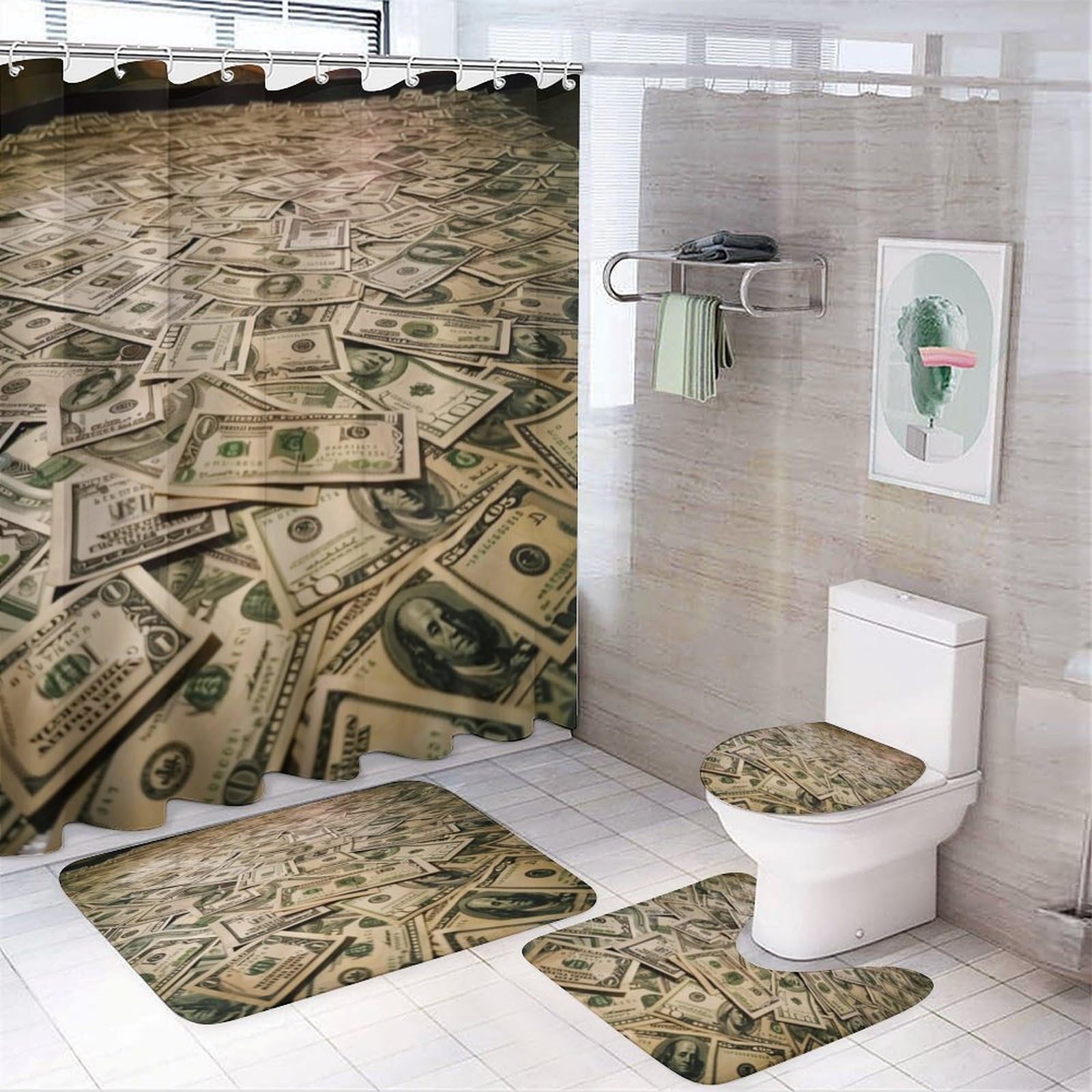 TOWINSFB 4Pcs Vintage Money Dollar Shower Curtain Set with Toilet Lid Cover Non-Slip Rugs for Bathroom, American Bill Cash Funny Shower Curtain