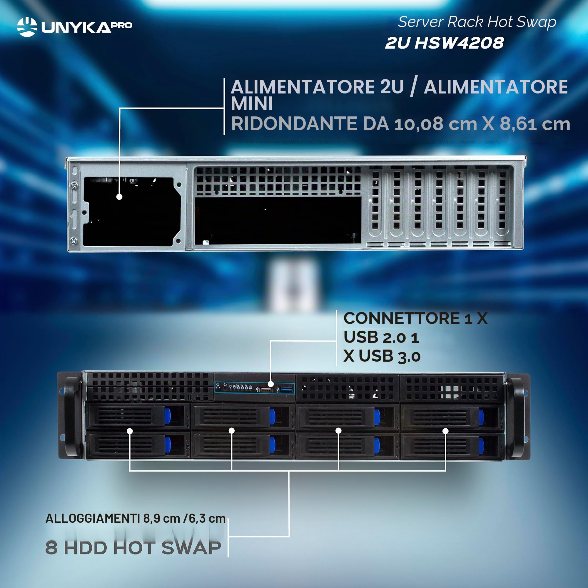 UNYKAch HSW4208 Hot Swap - Box Rack a caldo - 2U, ATX, 8 alloggiamenti compatibili con dischi da 3,5″ o 2,5", 4 ventole da 80 mm, 1 USB 2.0 e 1 USB 3.0