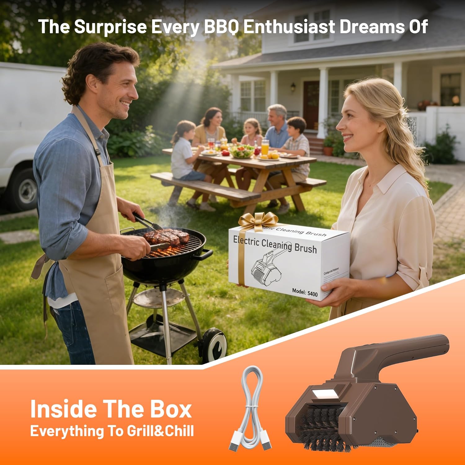 Grill Cleaner Cordless, Rechargeable BBQ Tool with 350 RPM Stainless Roller, LED Light Electric Grill Brush for Outdoor Grill Gift for Men/Dad
