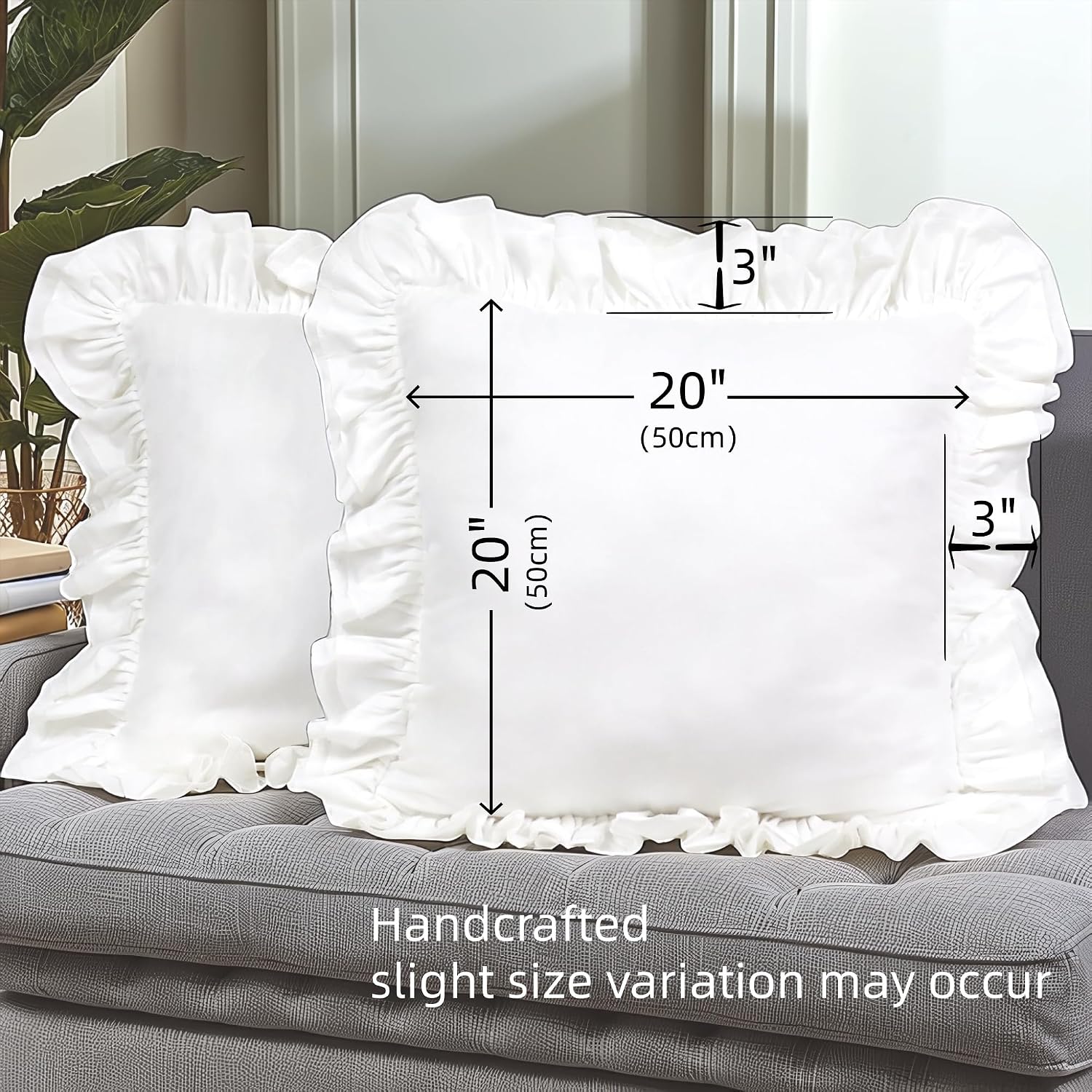 Lemfux White Ruffle Pillow Covers Set of 2, 20x20 inches Cotton Throw Pillow Covers, Shabby Chic Farmhouse Decorative Square Cushion Covers, Vintage Ruffled Pillow Shams image 5