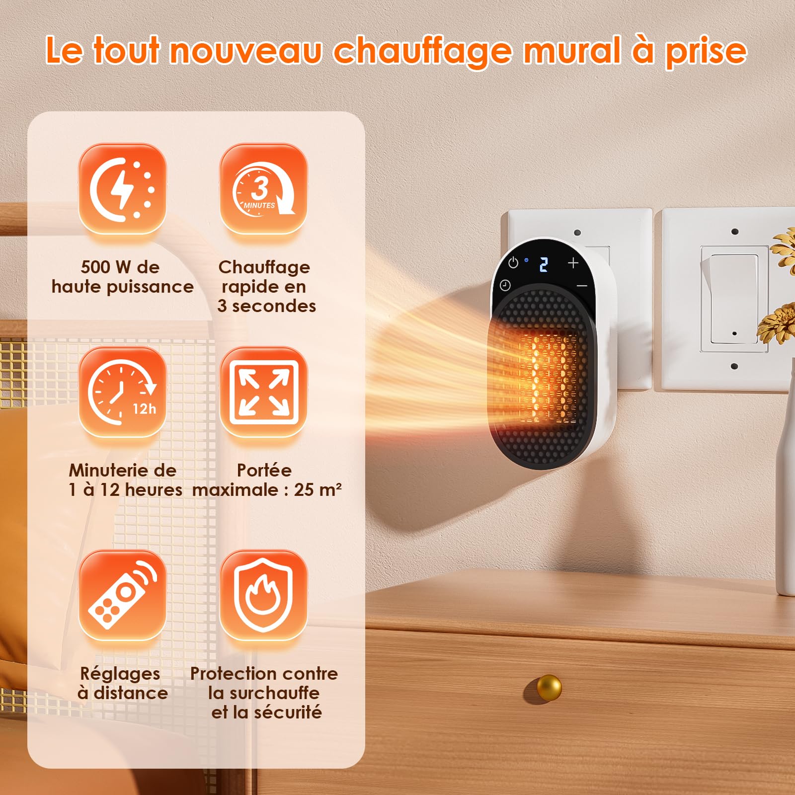 Dreamhigh® Chauffage d'appoint 500 W, Chauffage Soufflant avec Télécommande, Rotation à 90°, Minuterie 1-12 Heures, Écran LED, Chauffage Electrique Economique pour Pièces jusqu’à 25 m³