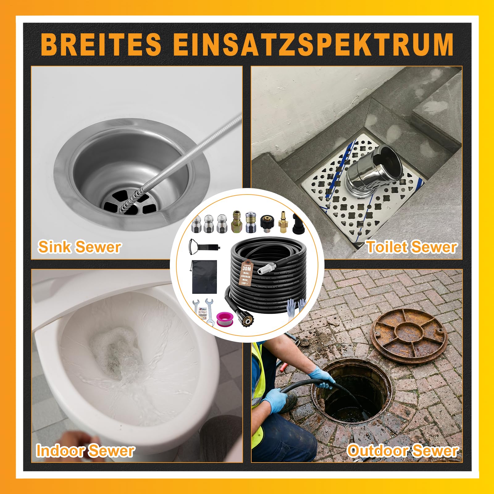 Set di tubi universali per idropulitrici ad alta pressione, 30 m, 5800 PSI/400 bar, con ugello rotante e ugello per flusso d'aria, compatibile con Kärcher K2-K7, Bosch, Lavor, attacco M22, adattatore
