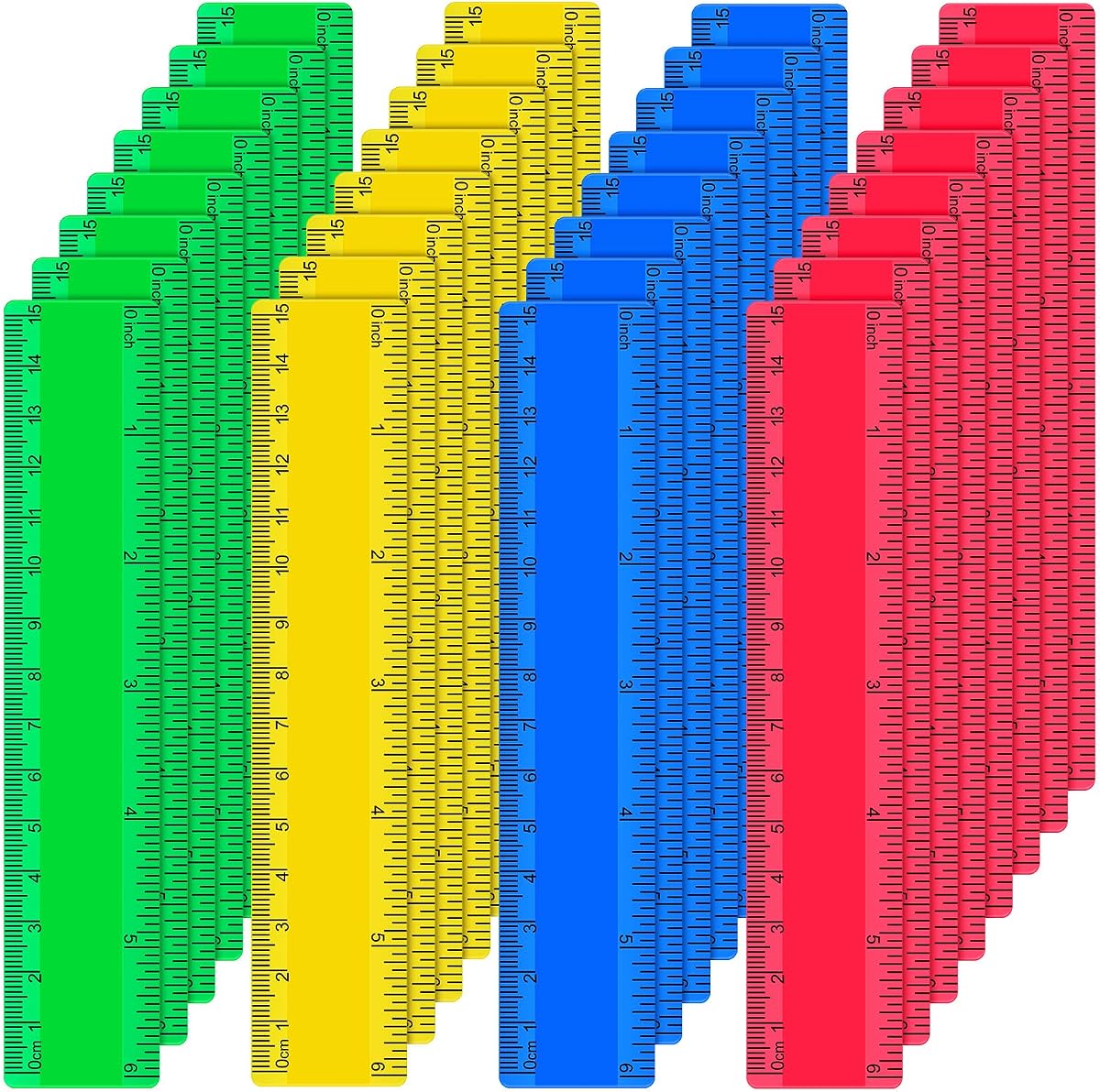32 Pcs 6 Inch Small Rulers Bulk Plastic Mini Ruler for Kid Classroom School | 6'' Rulers with Inches Centimeters Drafting Measuring Tool Set for Student School Office Supplies(Yellow, Green, Blue, Red)