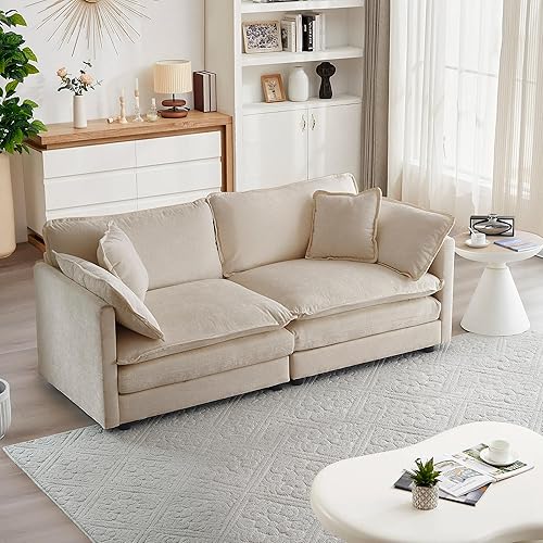 mikibama Luxury Loveseat Sofa Couch, 76" Modern Chenille Deep 2-Seater Cloud Couch with 2 Armrest Pillows and 2 Toss Pillows, Love Seat for Living Room Bedroom Office Apartment, Light Coffee