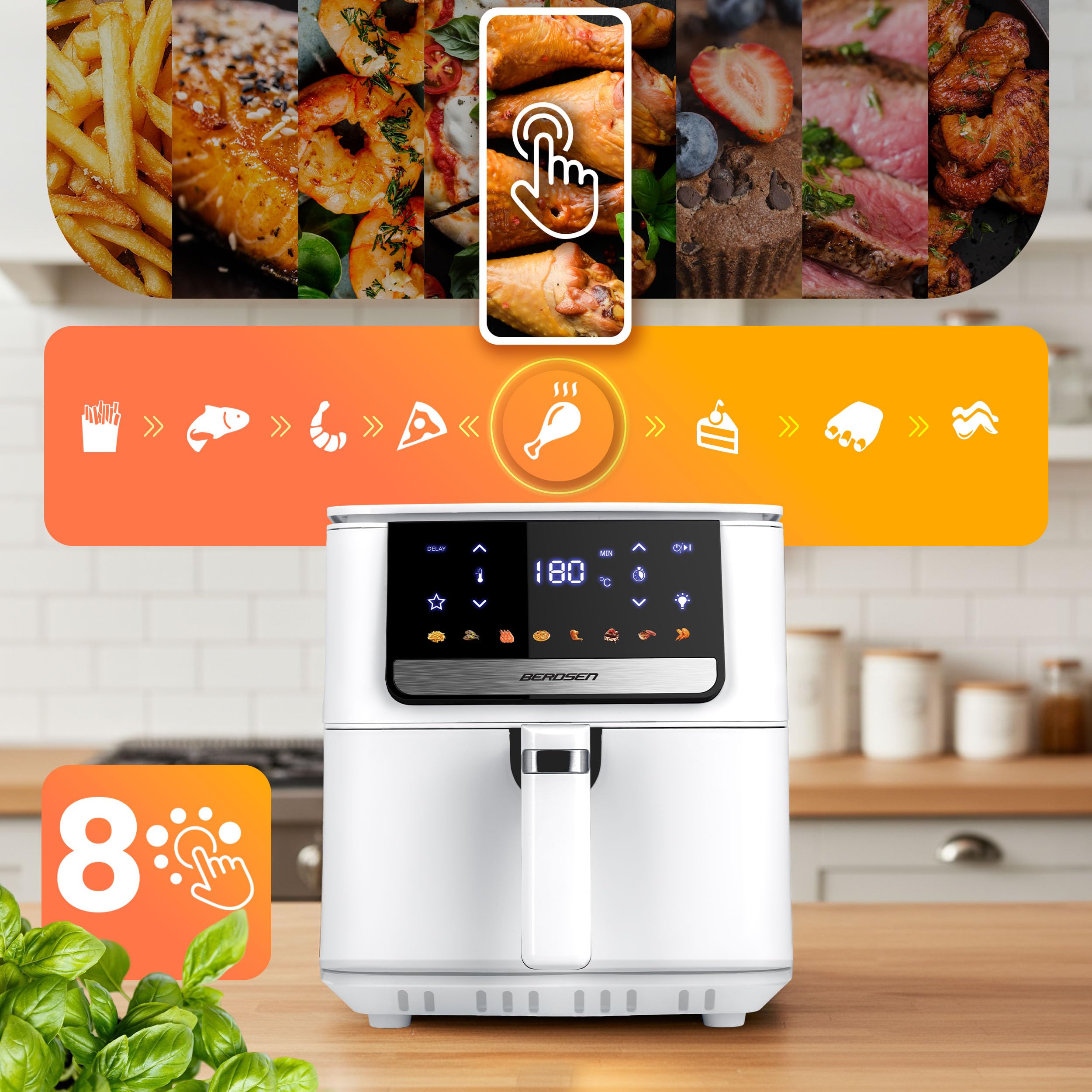 Berdsen Airfryer Freidora de Aire Caliente - 1700 W 6,5 L - Freidora - 8 Programas Pantalla Táctil - Blanco