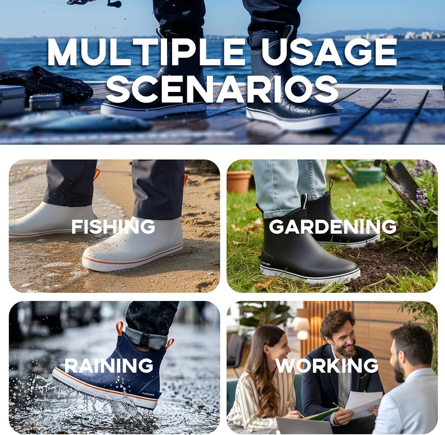 Furuian Men's Deck Boots Waterproof Ankle Rain Boots Outdoor Rubber Fishing Boots for Boating Sailing Anti-Slip Work Booties Garden Boots for Men