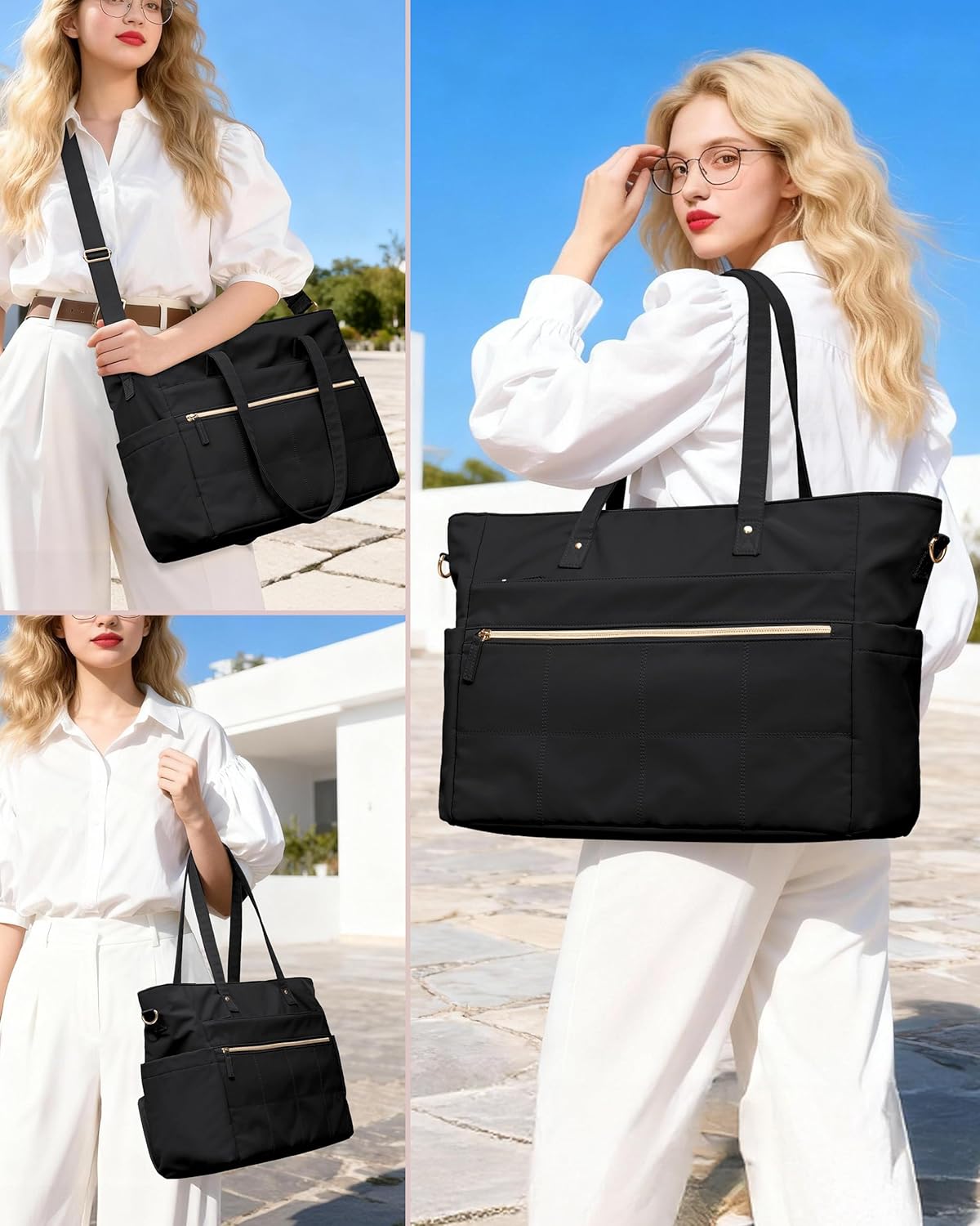 Lunch Tote Bag with Insulated Compartment & 15.6" Laptop Sleeve, Womens 2-in-1 Water-resistant Work Bag for Office with a Purse & Crossbody Strap, Black - Image 2