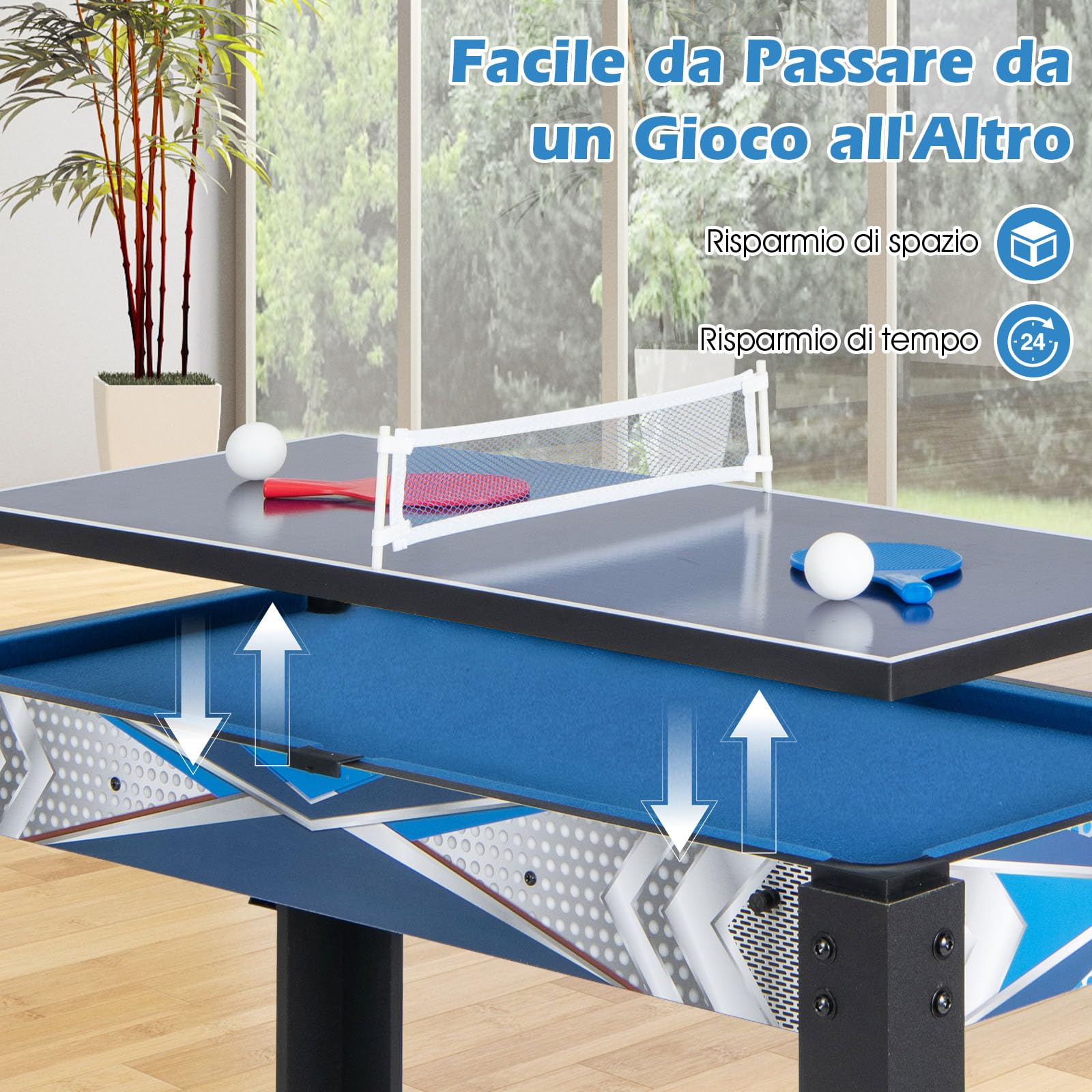 COSTWAY 6 in 1 Tavolo da Gioco, Set Multi-Gioco con Basket Biliardo Ping Pong Hockey Shuffleboard Bowling, Tavolo da Gioco Salvaspazio per Feste Sala Giochi Soggiorno