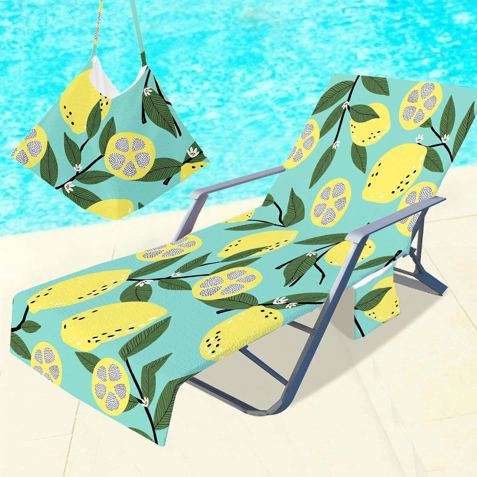 RRrawgff Beach Towel with Pockets for Loungers, Lemon Pattern Beach Chair Cover Towel Fitted Microfiber Sunbed Towel Sun Lounger Towels for Summer Outdoor Garden Pool Vacation (Lemon Tree)