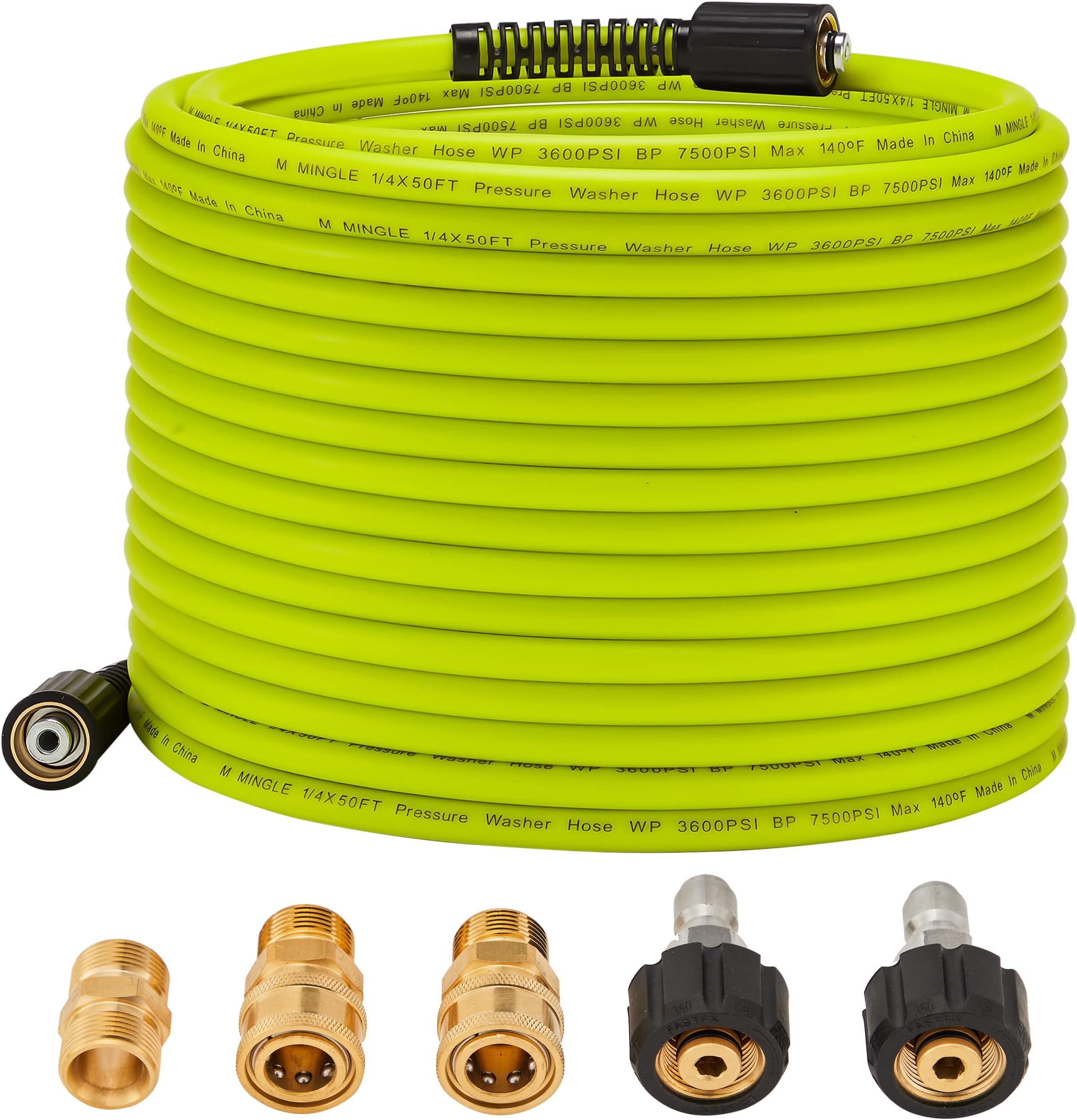 Pressure Washer Hose 50 FT x 1/4" - Replacement Power Wash Hose with Quick Connect Kits - High Pressure Hose with M22 14mm Fittings - 3600PSI