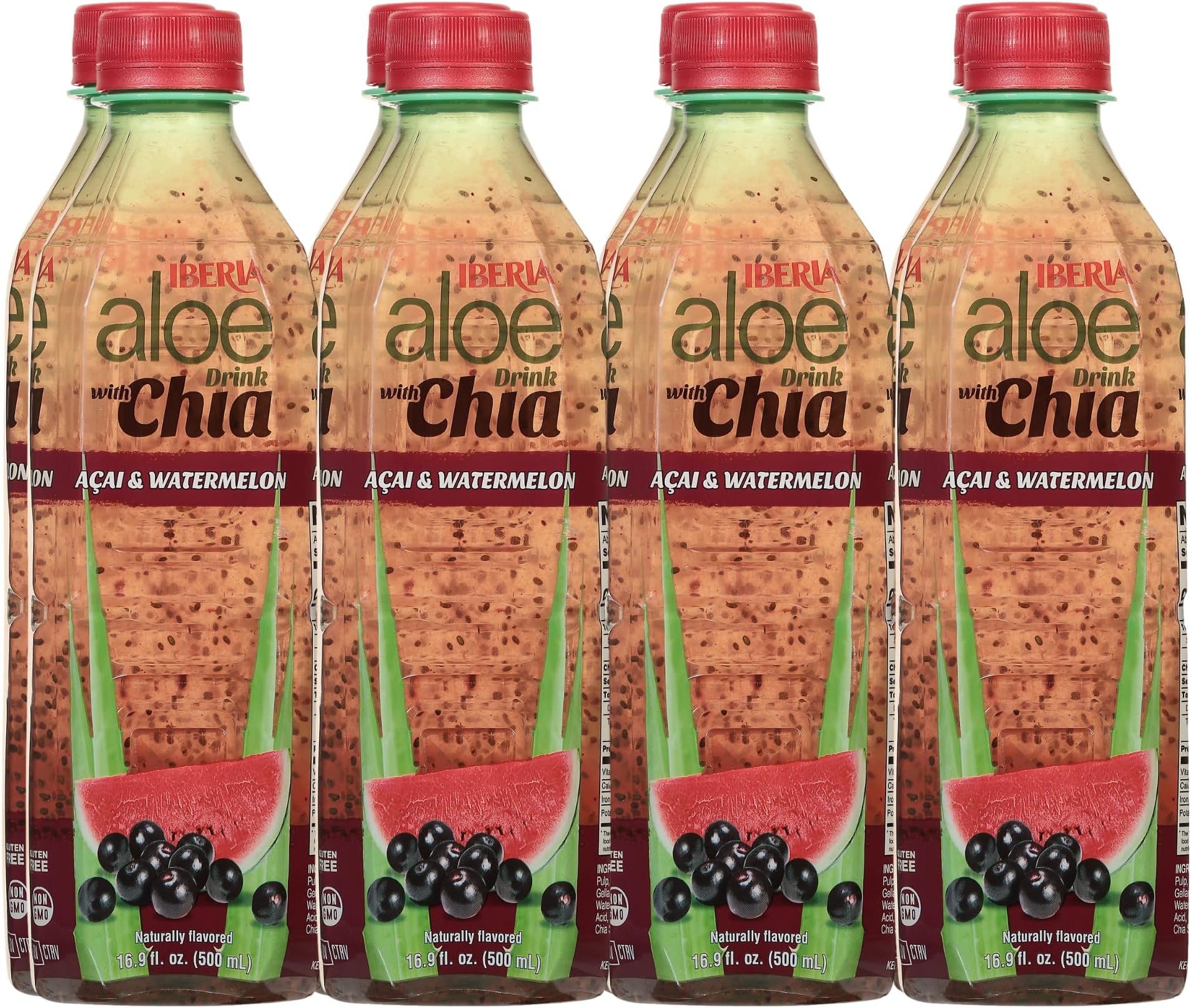 Iberia Aloe Vera Drink With Aloe Pulp and Chia Seeds, Acai and Watermelon, 16.9 fl oz (Pack of 8)