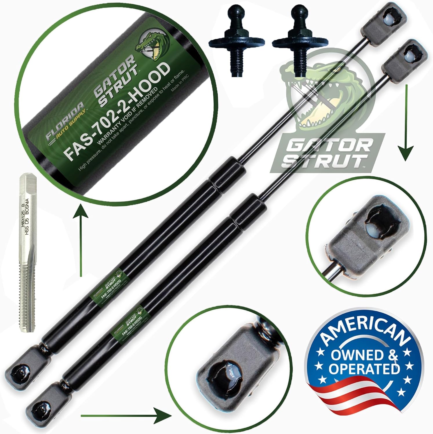 2 Hood Lift Supports Kit with Fender Bolts + M8x1.25mm Tap Compatible with: 2005-2010 Chrysler 300, 2006-2010 Dodge Charger, 2005-2008 Dodge Magnum - Gas Spring by Florida Auto: FAS-702-2