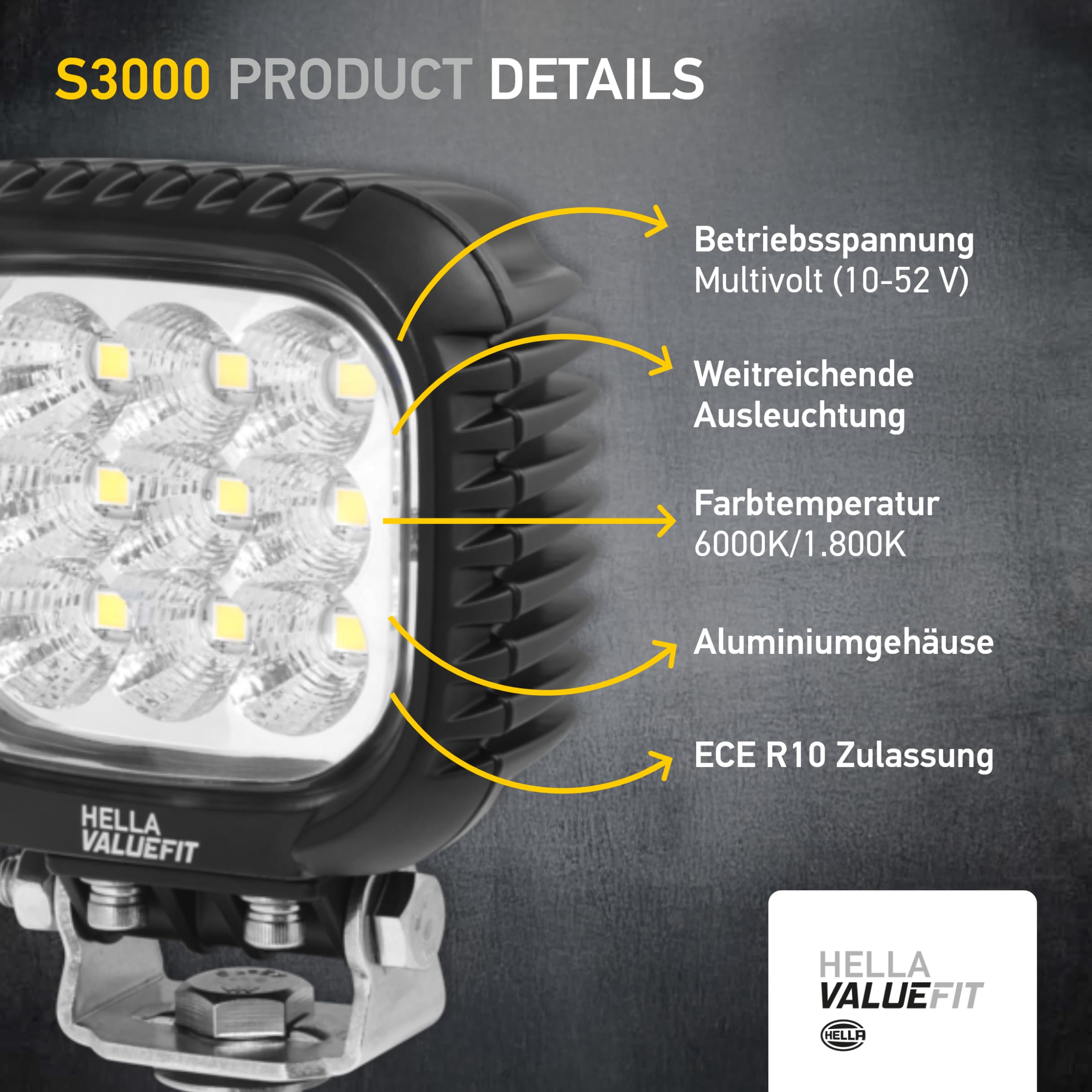 HELLA VALUEFIT 1GA 357 109-012 LED Faro de trabajo S3000 12/24/48V 3000lm Montaje exterior Abrazadera giratoria Largo alcance Cable 800mm