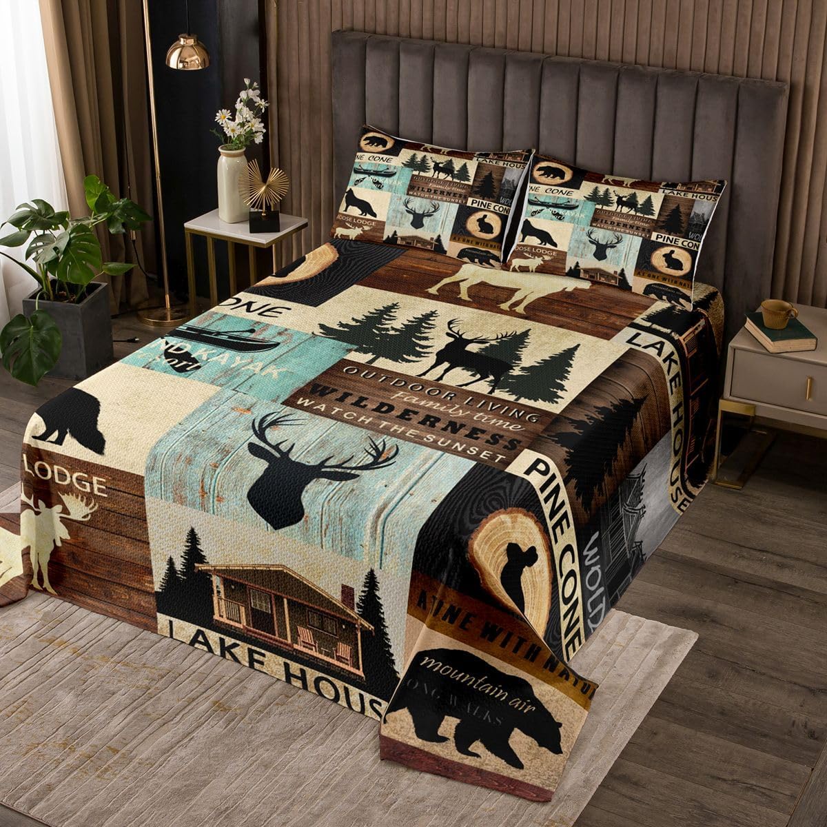 Rustic Camping Patchwork Bedspread Set Queen Woodland Plaid Wolf Bear Deer Quilt Sets Farmhouse Cabin Wildlife Coverlet Set For Kids Adults Wild Animal Lodge Bedding Set 2 Pillow Cases Black Grey