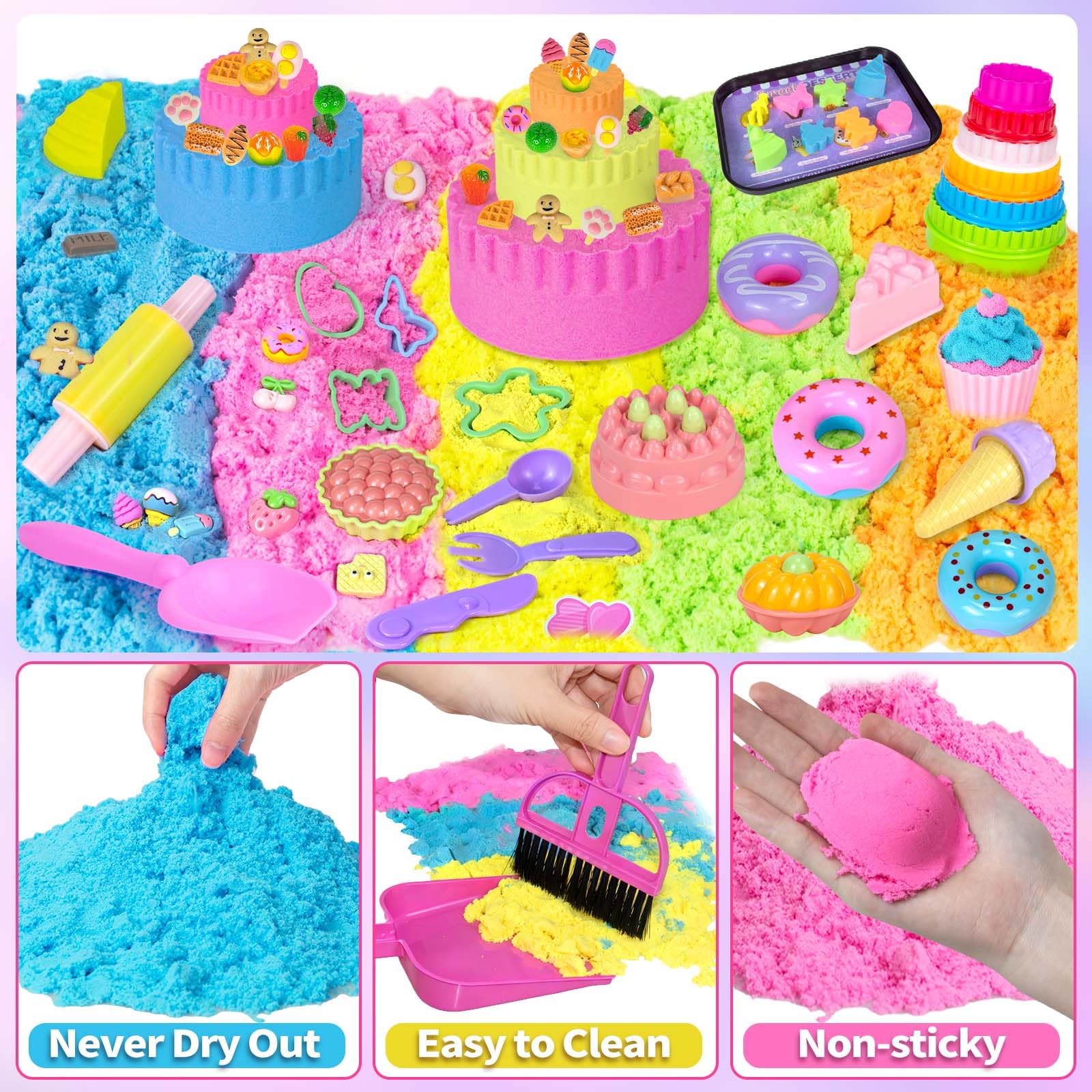 YongnKids Ice Cream Sensory Bin Girl Kid, Play Sand Art Kit with 2.2lb Color Sands, 56 pcs Cake Molds Tools Sensory Toys, Christmas Birthday Gift Toy for Girls Toddler 3 4 5 6 7 8