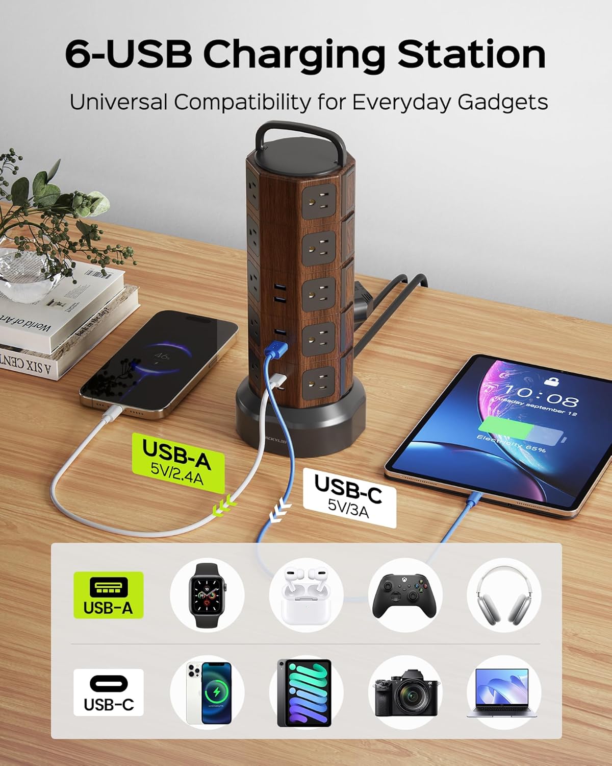 JACKYLED Power Strip Tower with devices charging via USB ports