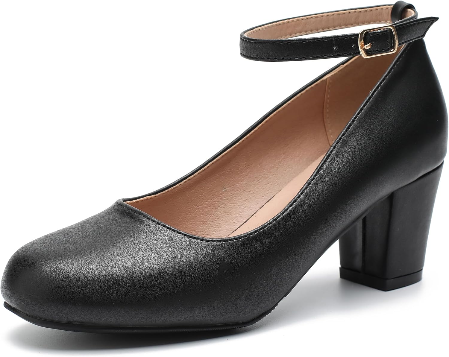 Women s ankle strap heels removable bow closed toe low chunky heels pumps  mary jane dress shoes - Main Image