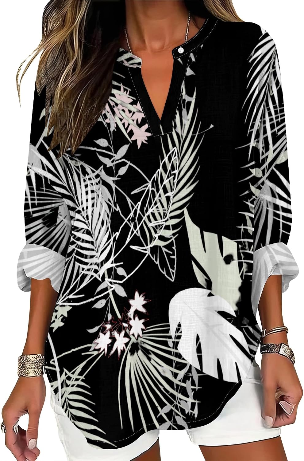 Women Tropical Floral Print V Neck Button Down Blouse Short Sleeve Loose Fit Summer Beach Vacation Tops