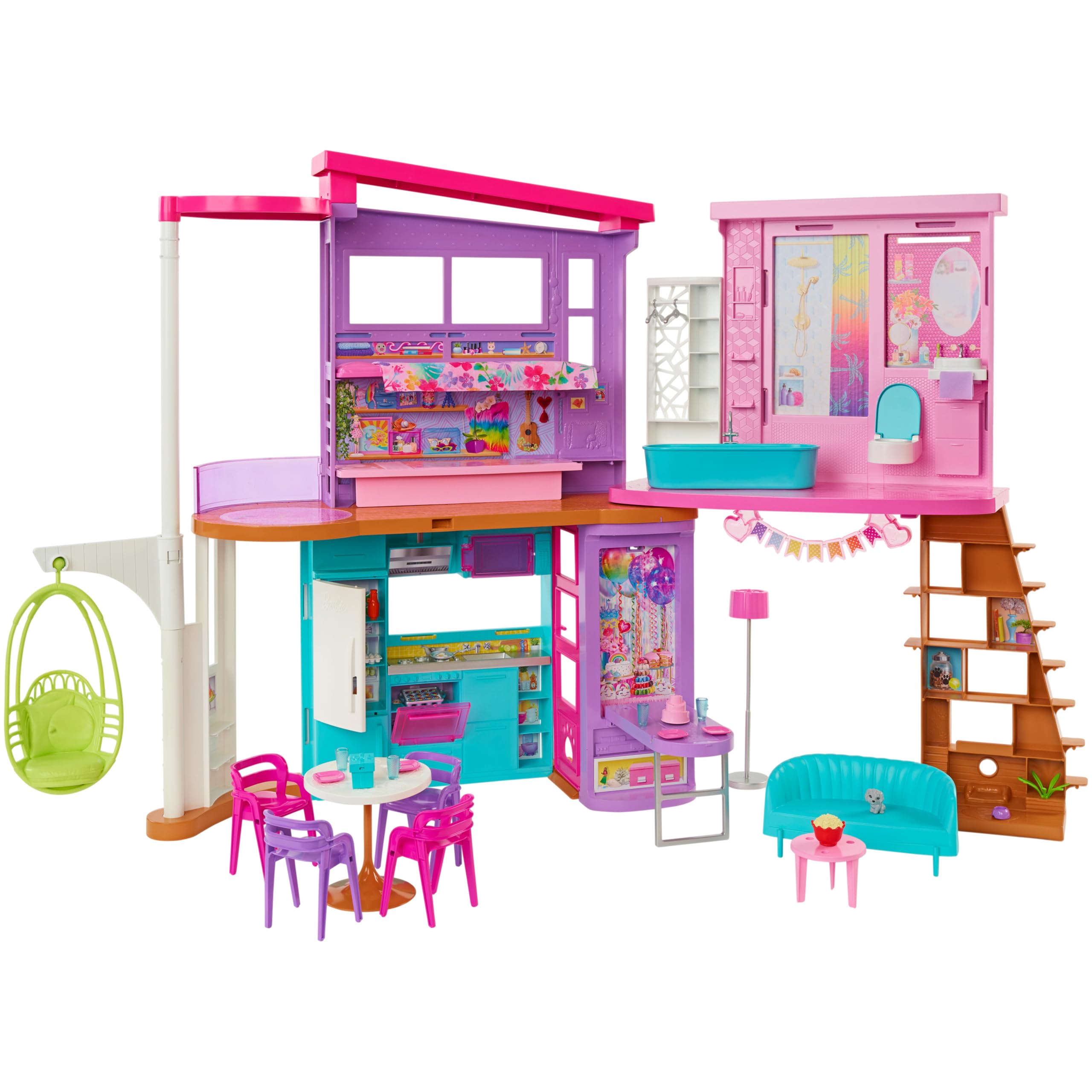 Barbie-Ferienhaus (116 x 77,9 cm), 6 Spielbereiche, komplett eingerichtet mit Zubehör, Möbeln und Aufzug, klapp- und verstaubar, ohne Puppe, Geschenk für Kinder ab 3 Jahren, HCD50